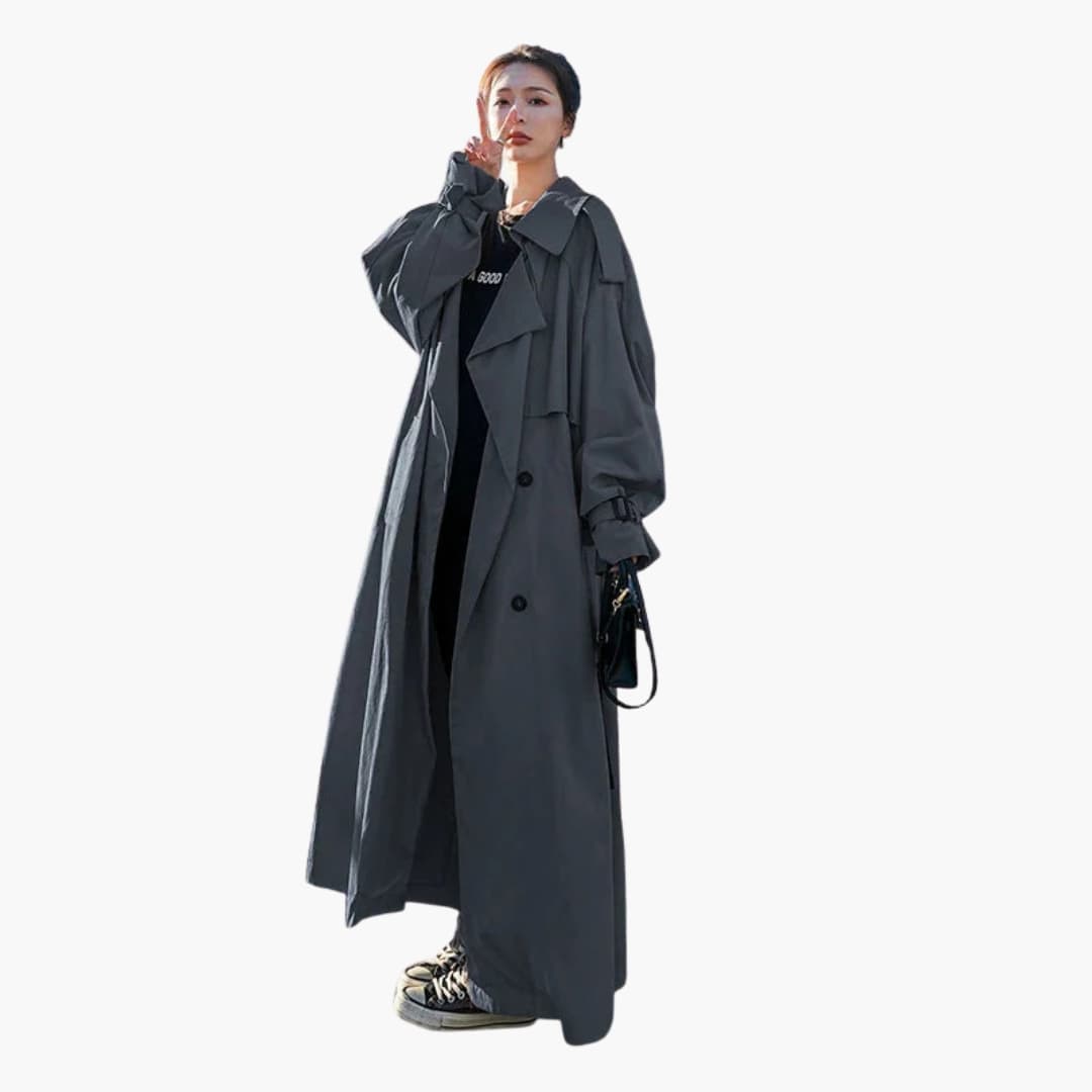 Elegant women's trench coat with a double-breasted button placket