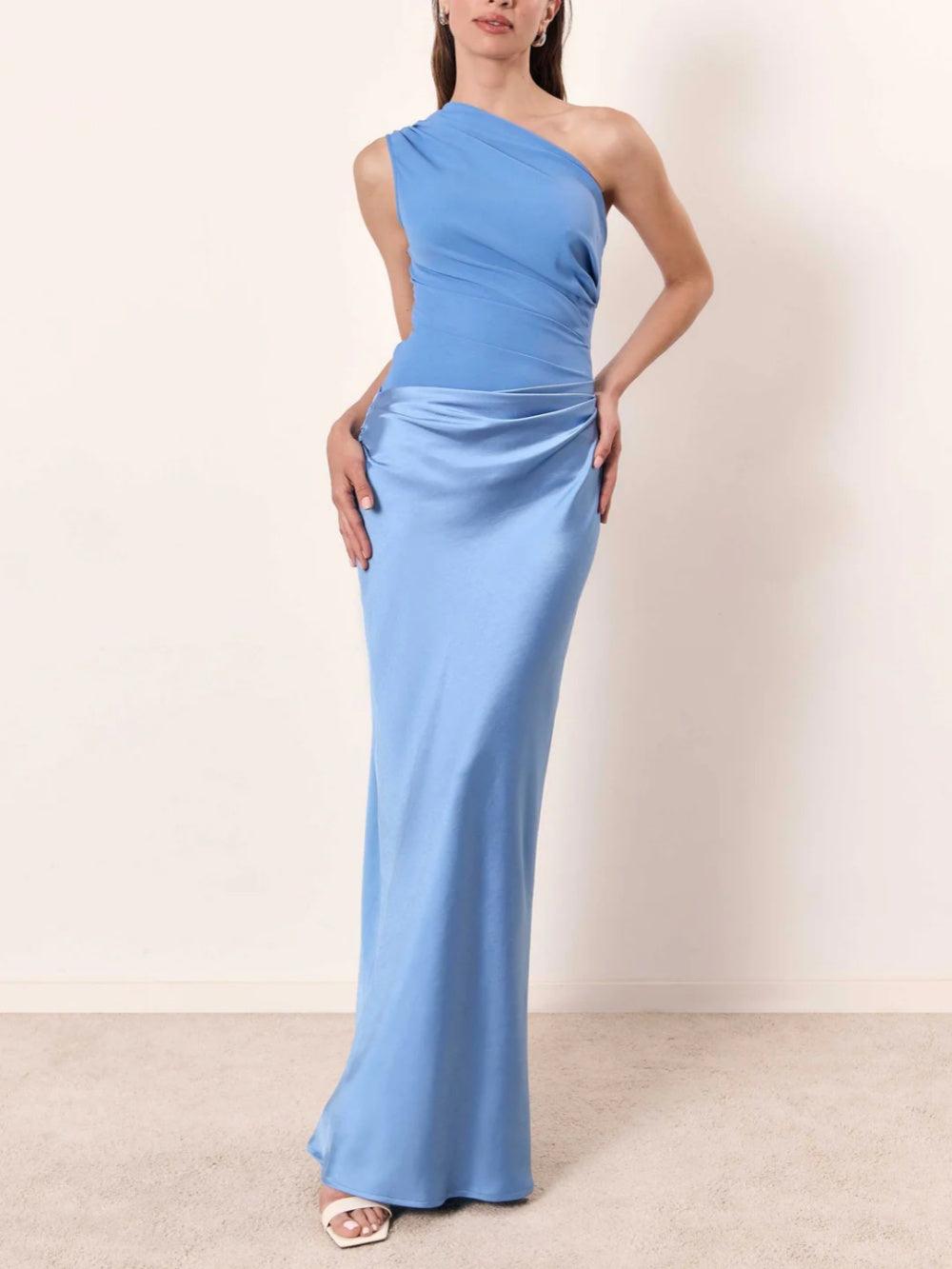 Long asymmetrical evening gown with off-the-shoulder design and elegant pleats