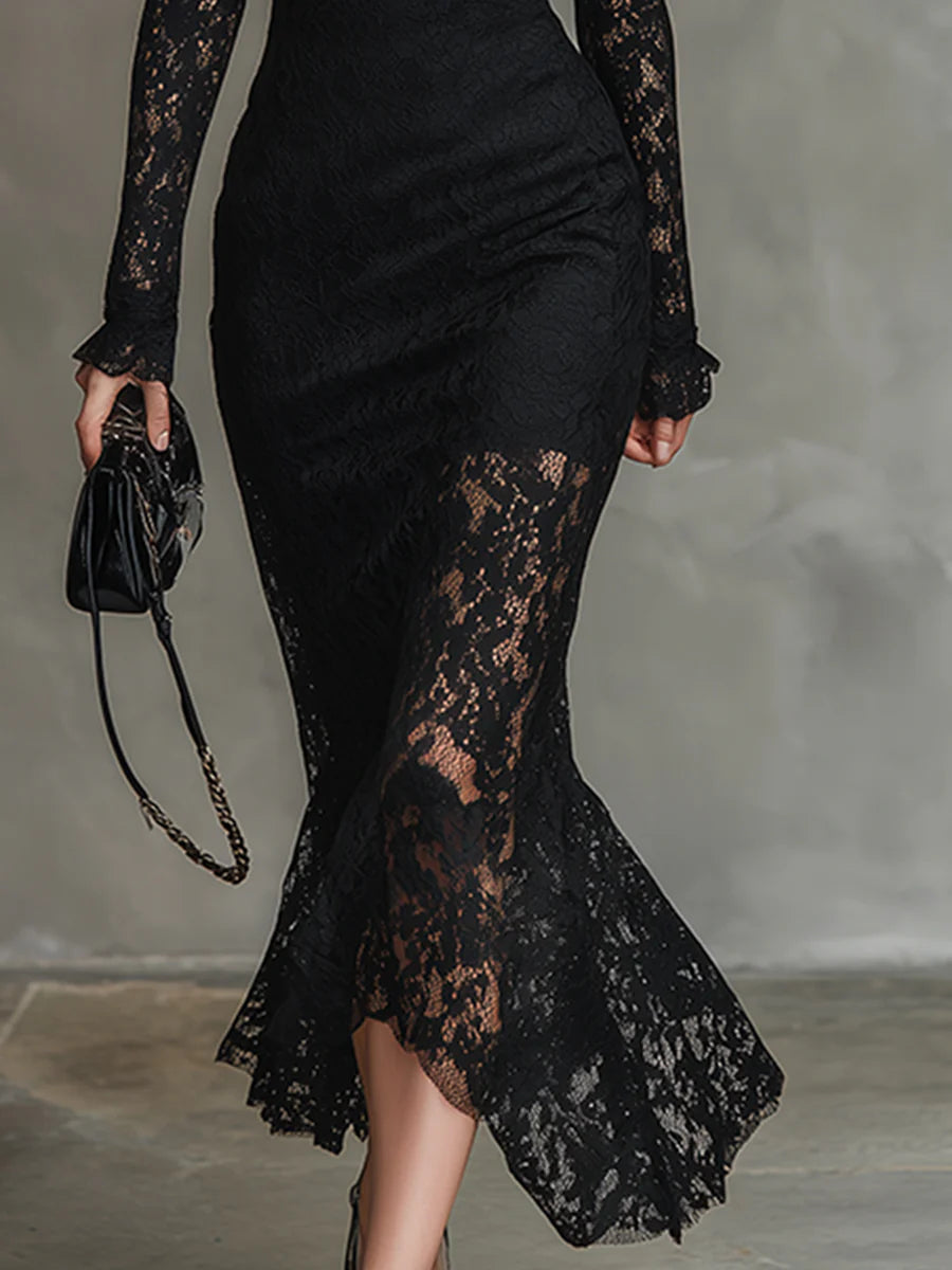 Elwira | Elegant Black Lace Maxi Dress – Timeless Evening Gown