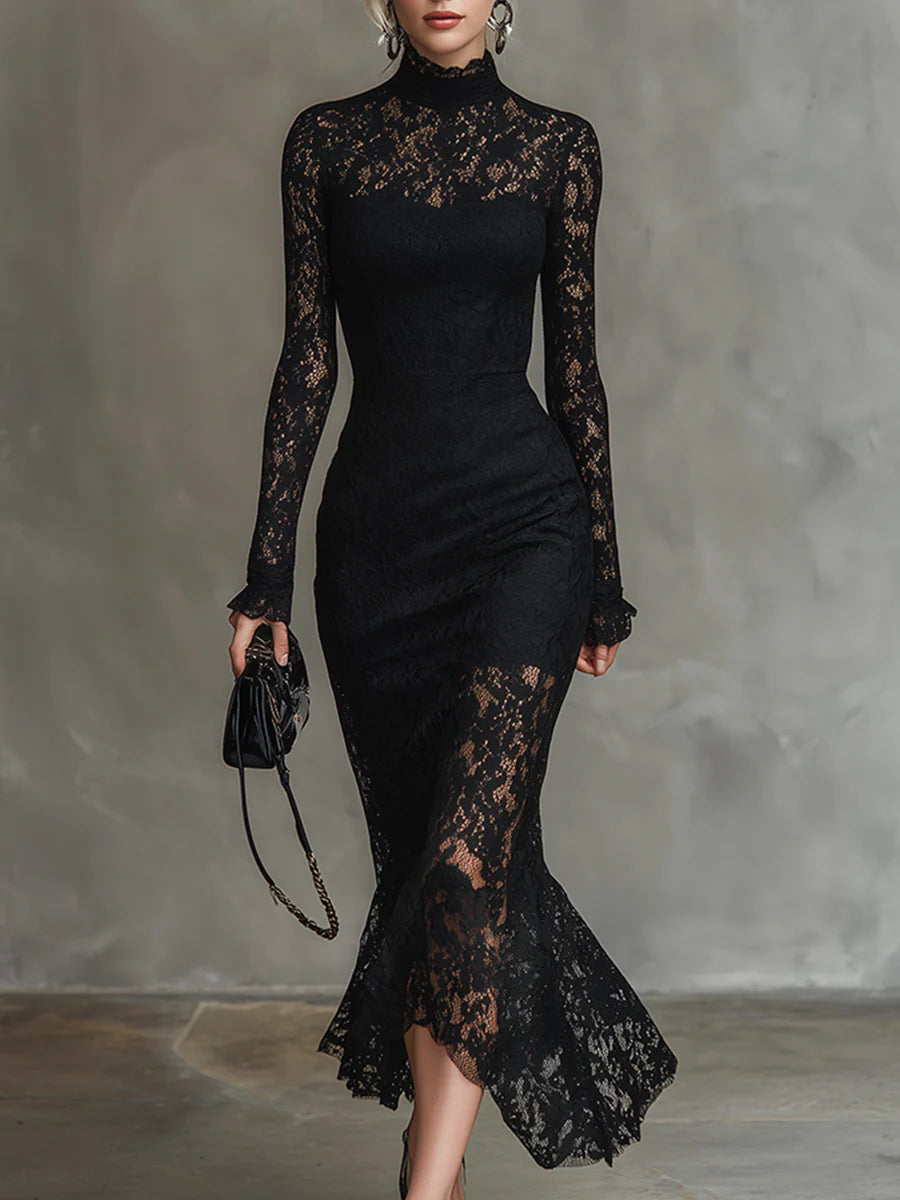 Elwira | Elegant Black Lace Maxi Dress – Timeless Evening Gown