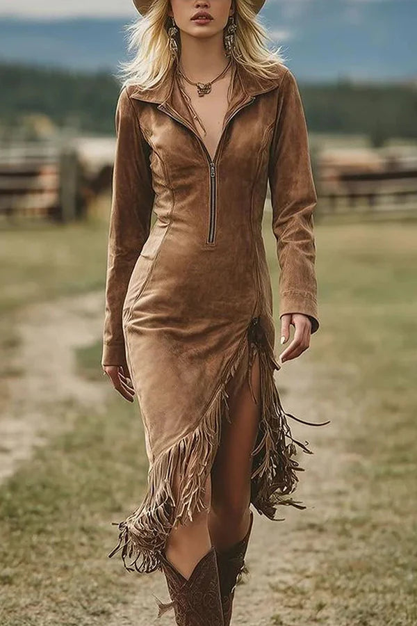 Suede midi dress with long sleeves and irregular fringes