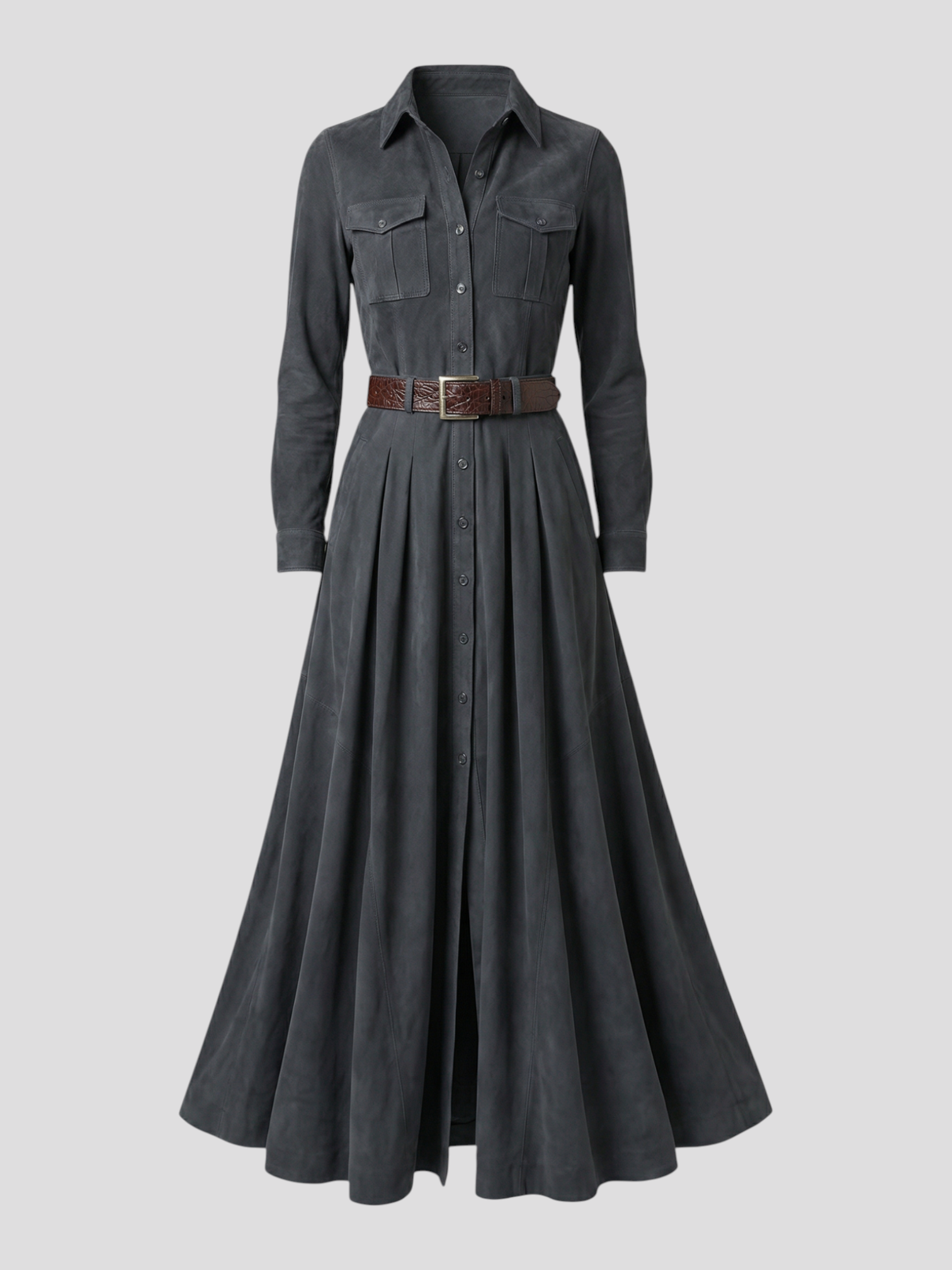 Elegant long suede-like dress with collar, tie waist, and single-button closure