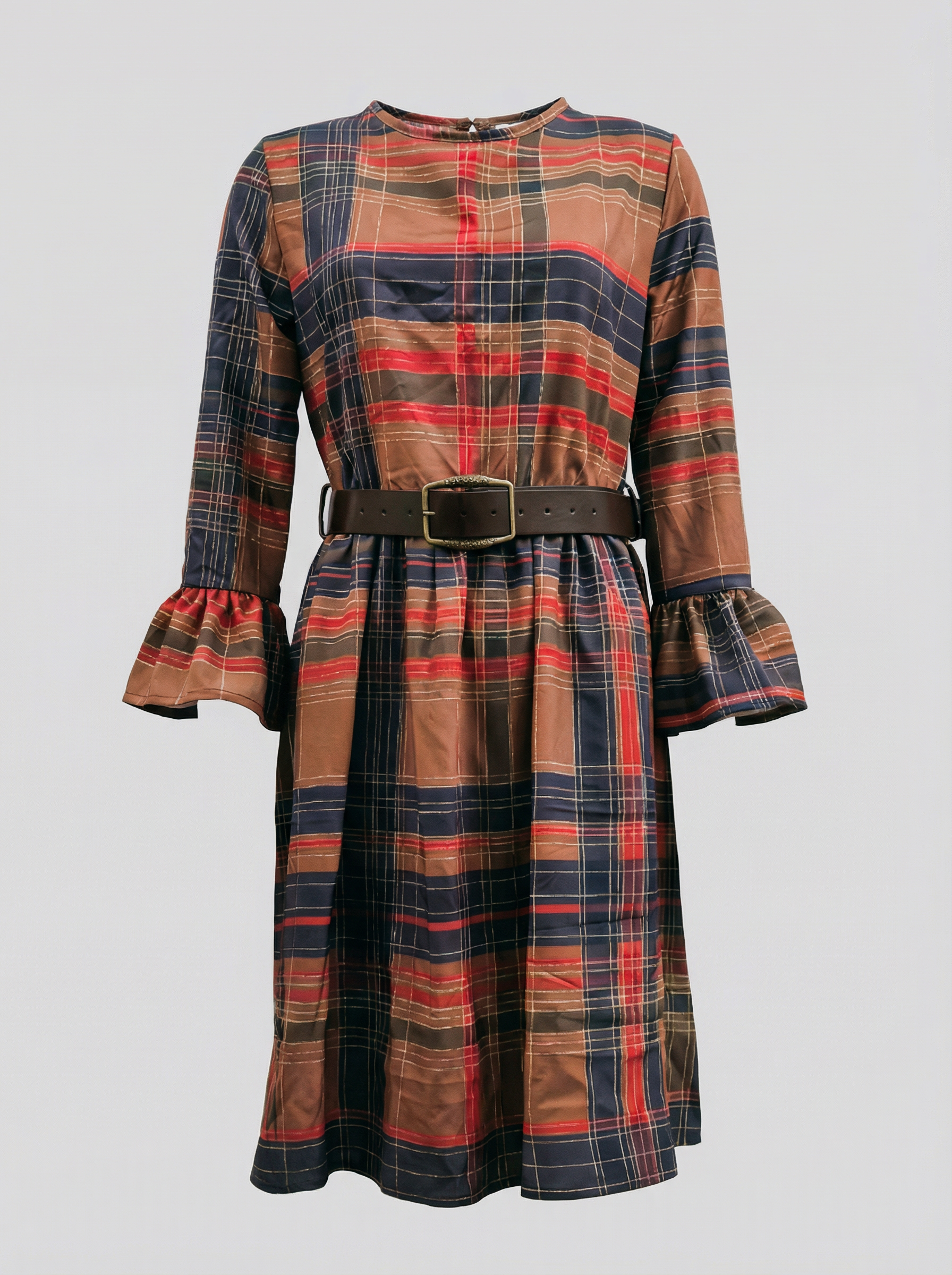 Midi round-neck dress draped with color blocks and plaid pattern (with belt)