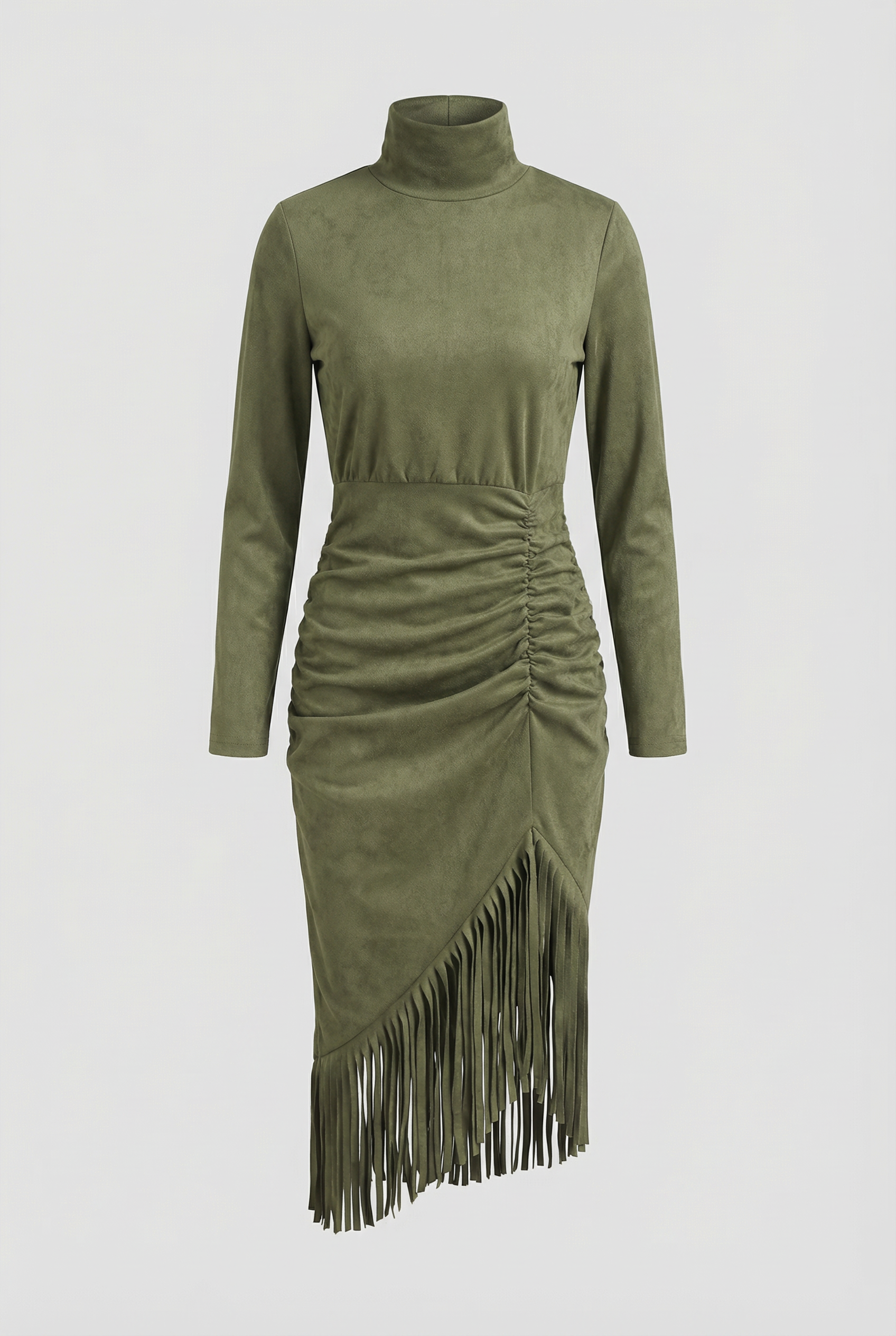 Olive Green Stretch Turtleneck Top & Faux Suede Maxi Skirt Set (Includes Belt)