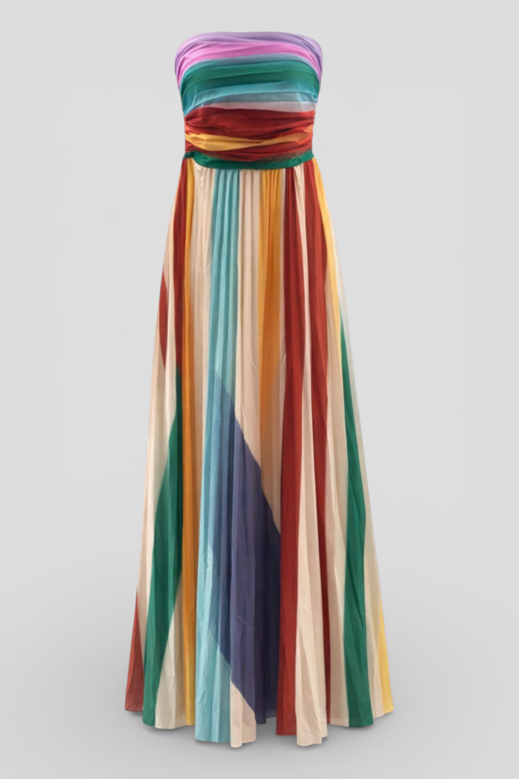 Elegant striped pleated long dress with off-the-shoulder design for a sophisticated look