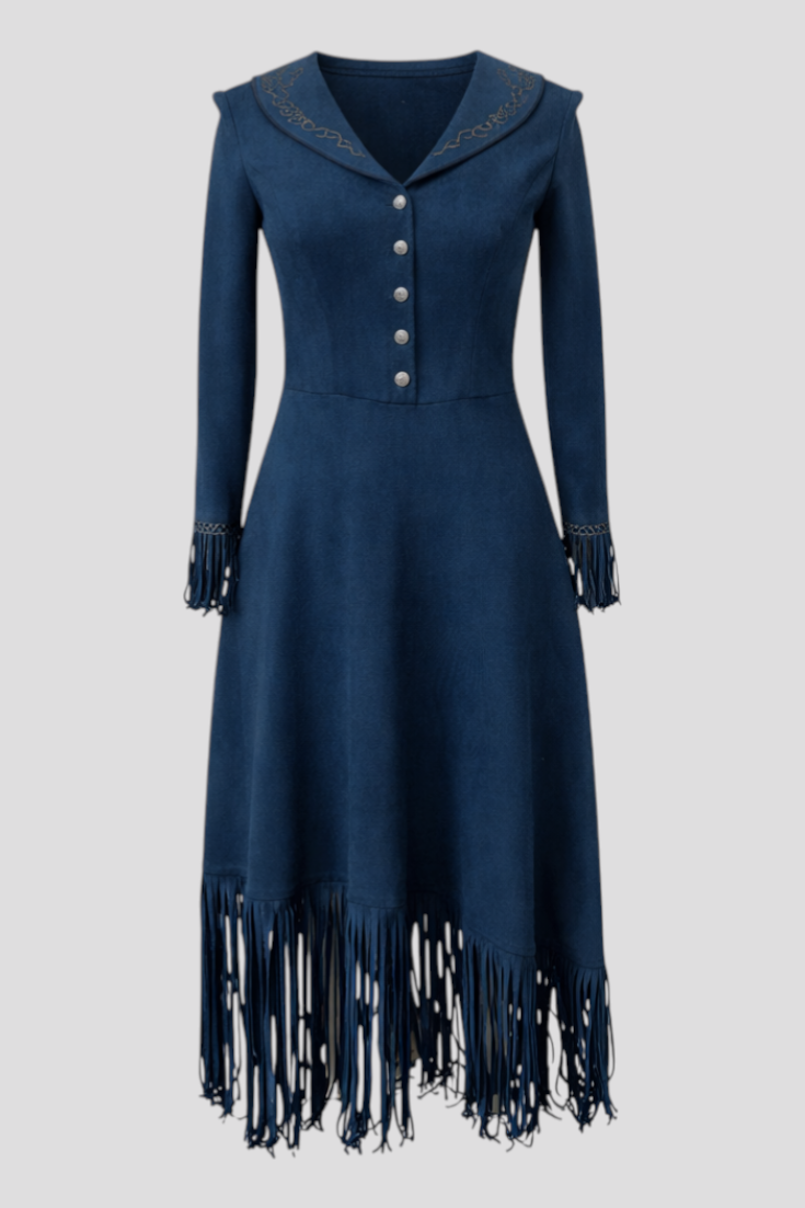 Elegant Retro Embroidered Dark Blue Maxi Dress