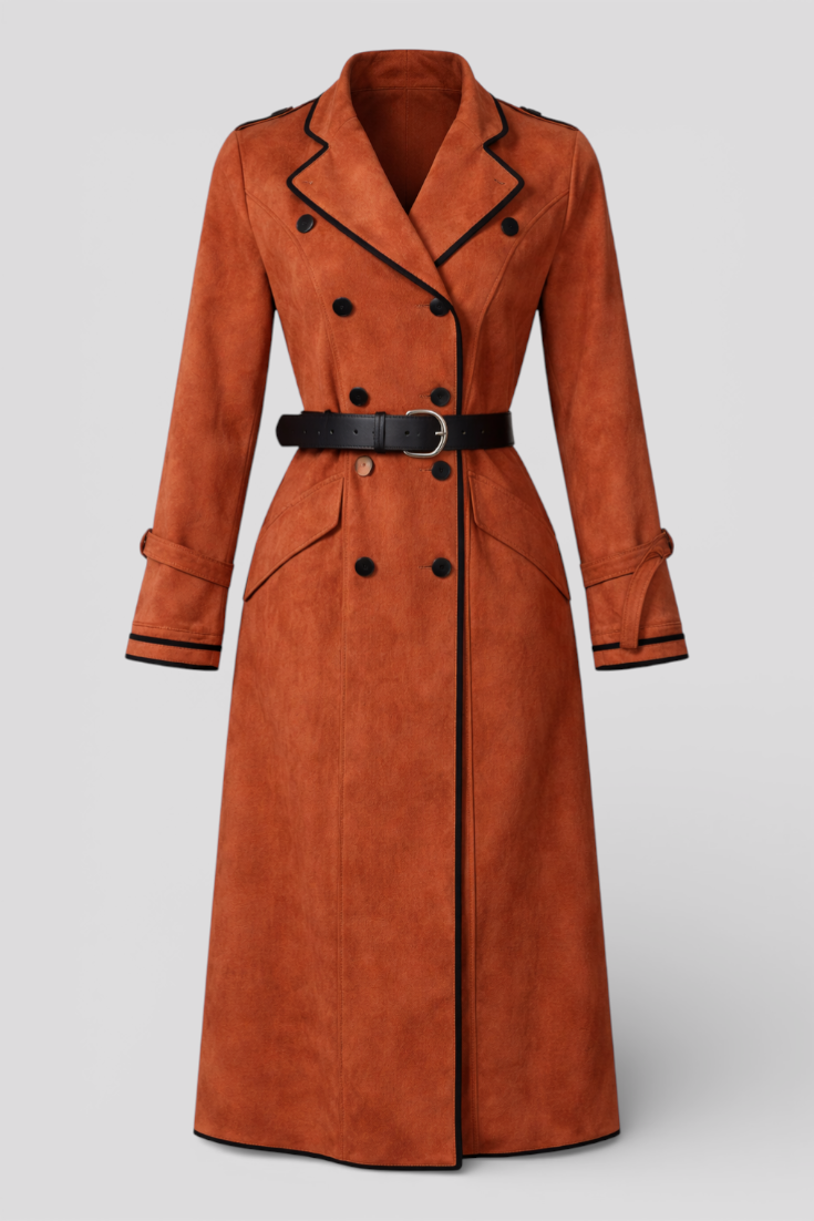 Coat with double-breasted collar and trim with black edging