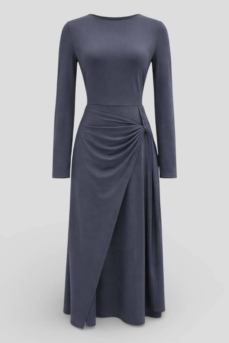 Elegant Stretch Polyester Cotton Blend Turtleneck Draped Maxi Dress