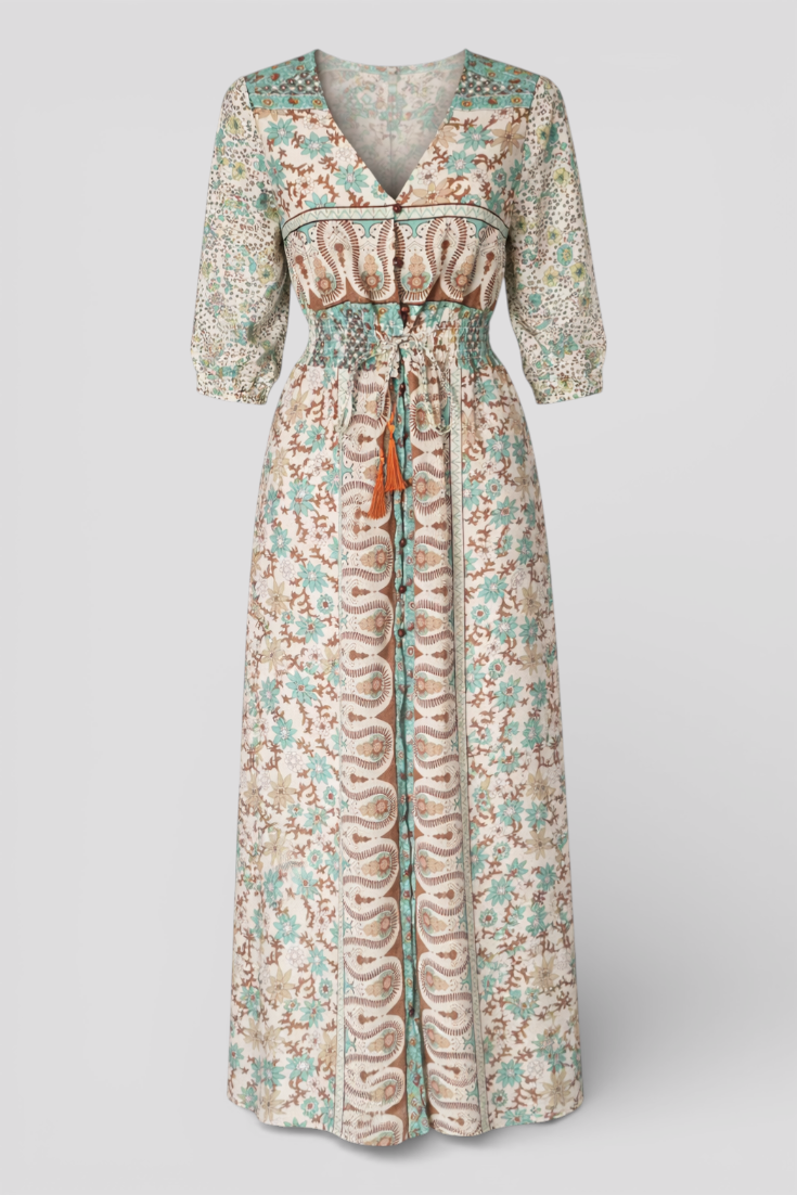 Bohemian Long Maxi Dress with Western Style Print and Slit