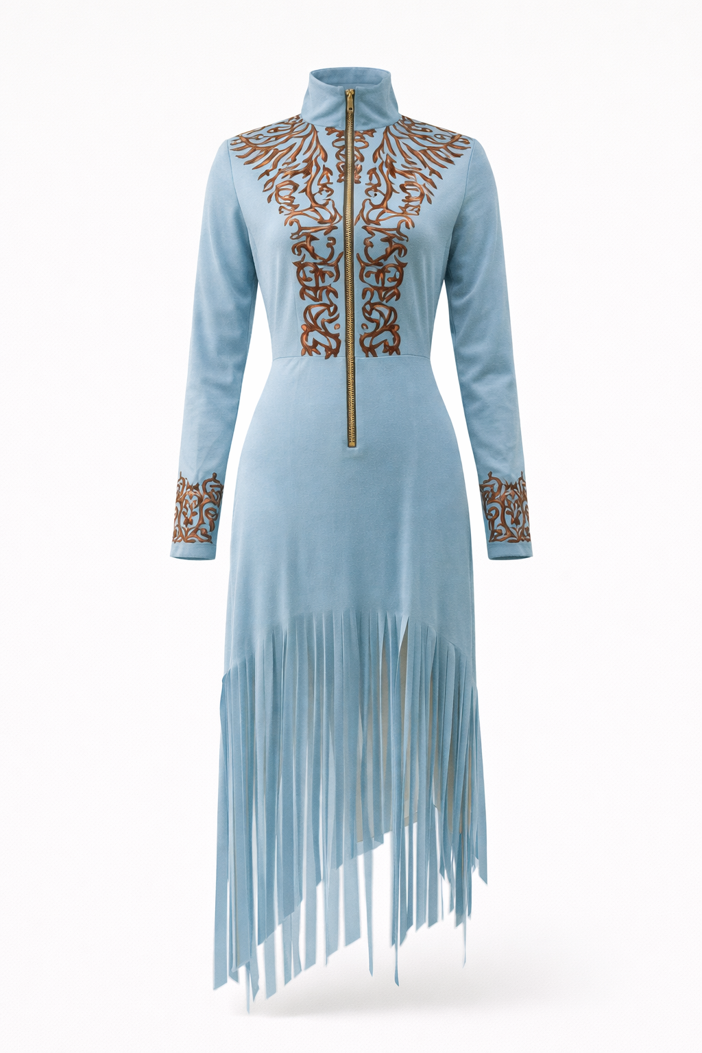 Maxi Faux Suede Dress with Half-Zip Embroidered and Fringes Western