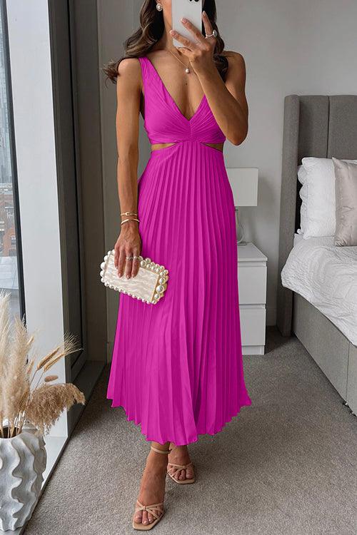 Maxi dress with V-neckline, cut-out waist, and sleeveless pleated design