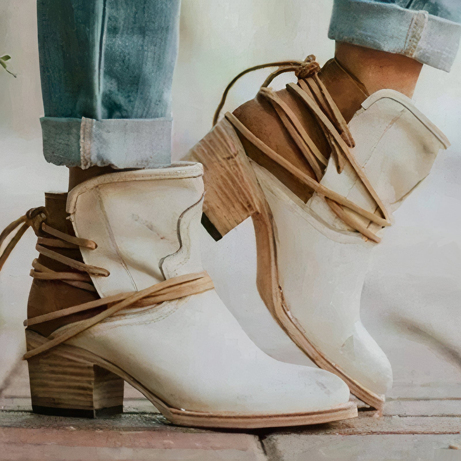 Women's Leather Ankle Boots – Western-Style with Block Heel and Wrapped Lacing Detail
