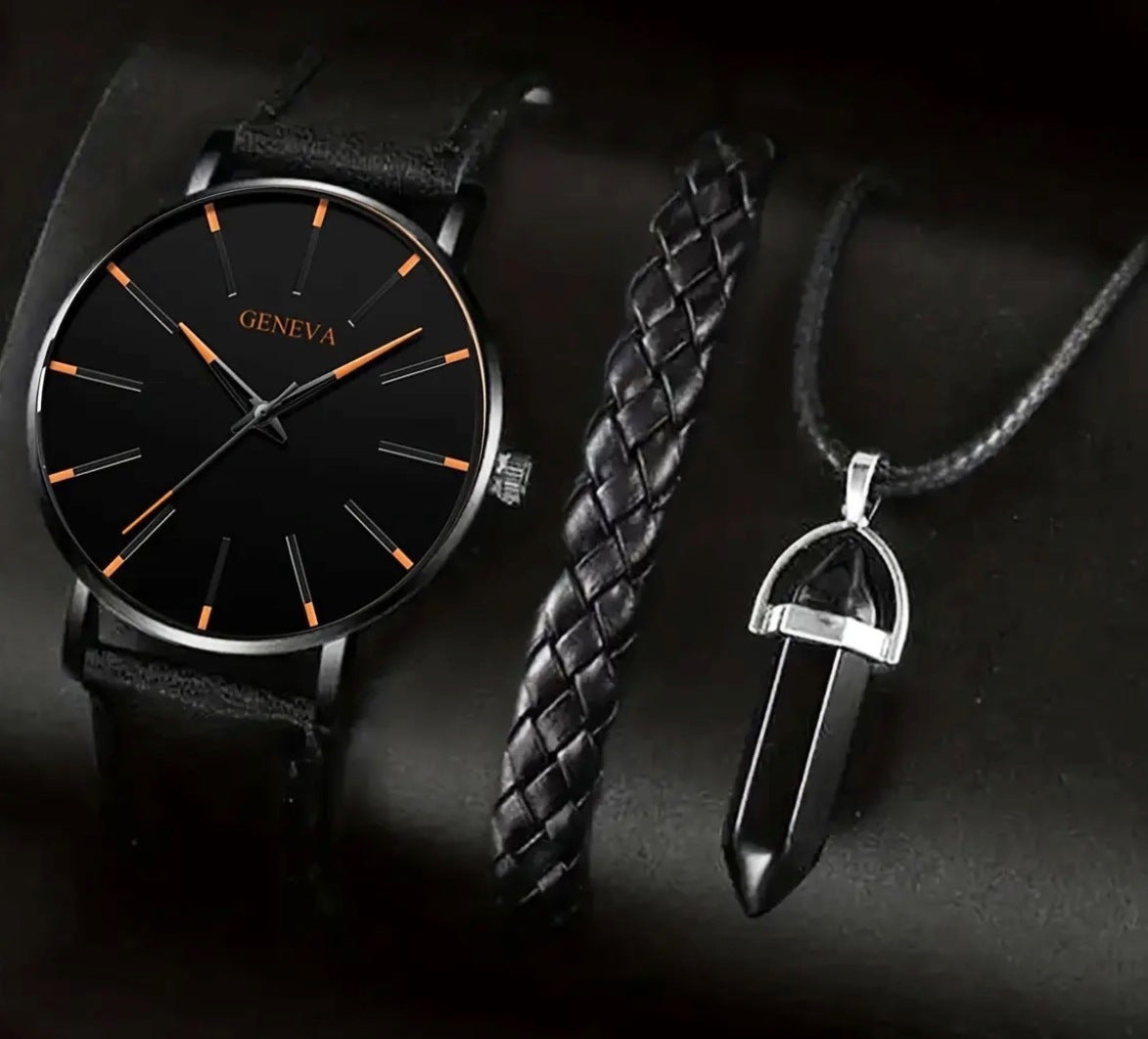 Luxurious Leather Quartz Watch and Bracelet Set for Enjoyment