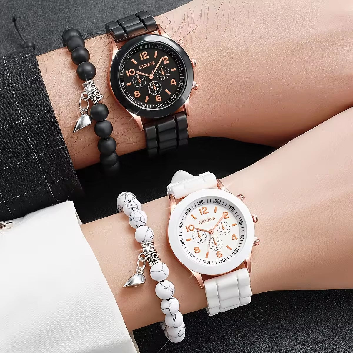 Quartz watch set with a classic silicone strap and matching bracelet