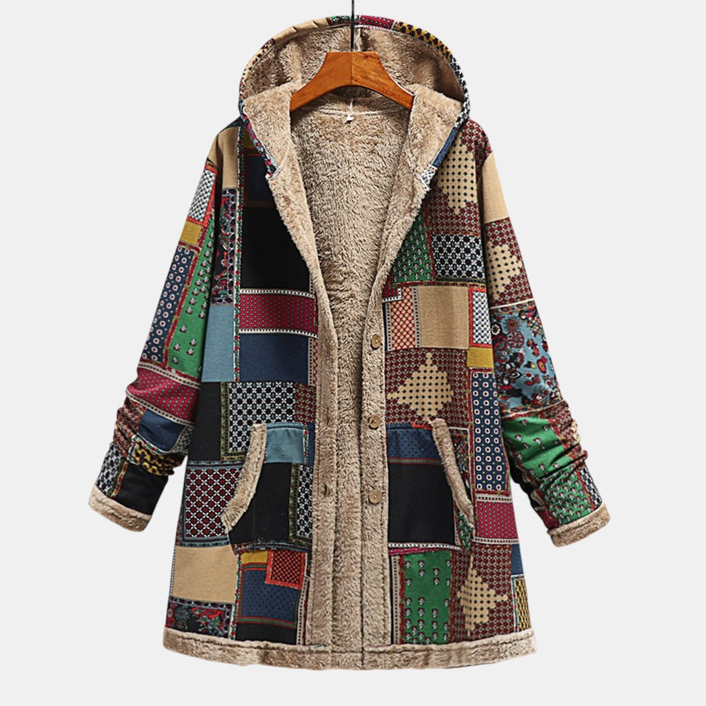 Charlotte | Cozy Earth-Tone Patchwork Hooded Jacket
