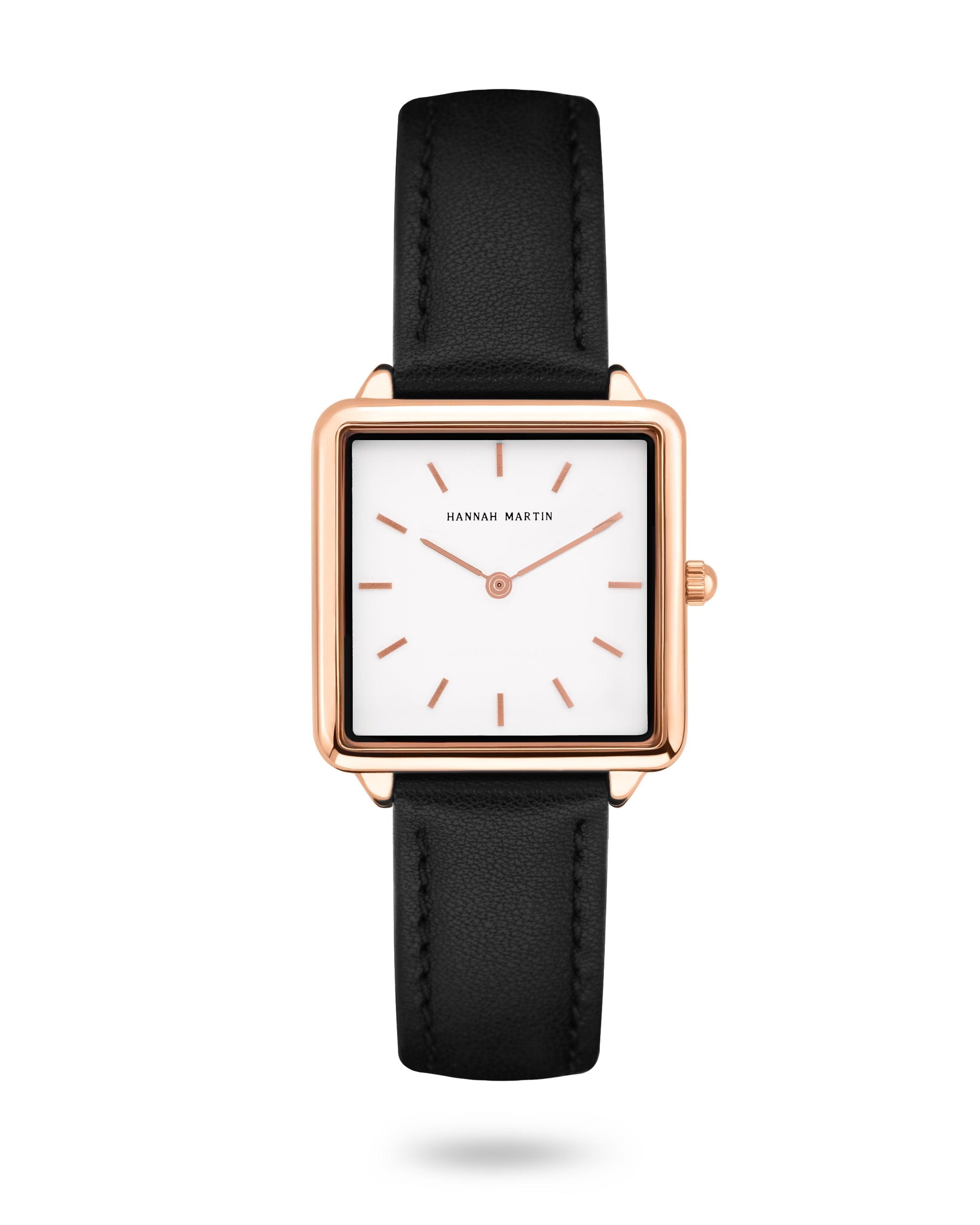 Avenue - Elegant Square Ladies Watch with Rose Gold Finish, Sparkling White Dial and Luxury Black Leather Strap