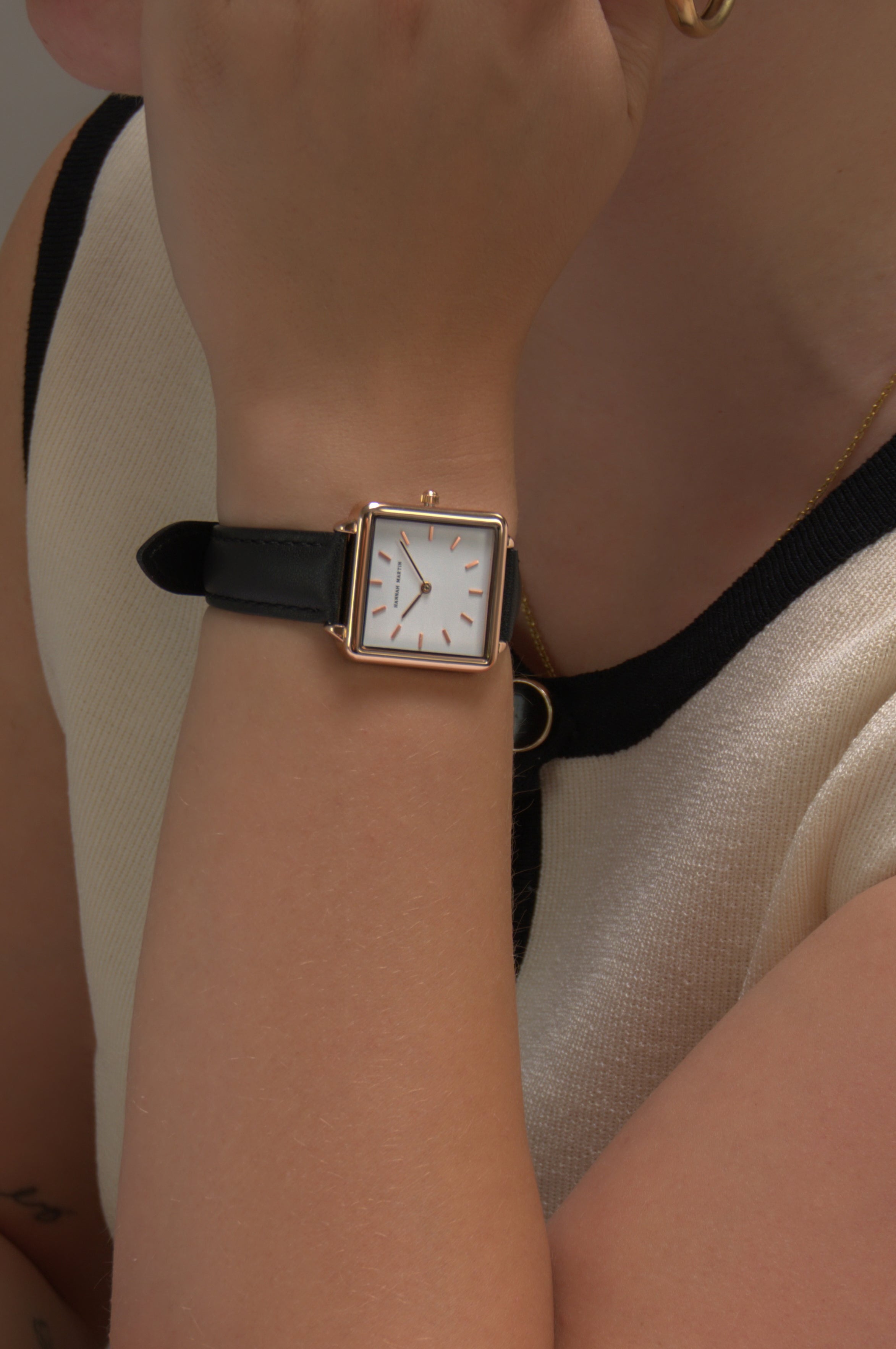 Avenue - Elegant Square Ladies Watch with Rose Gold Finish, Sparkling White Dial and Luxury Black Leather Strap
