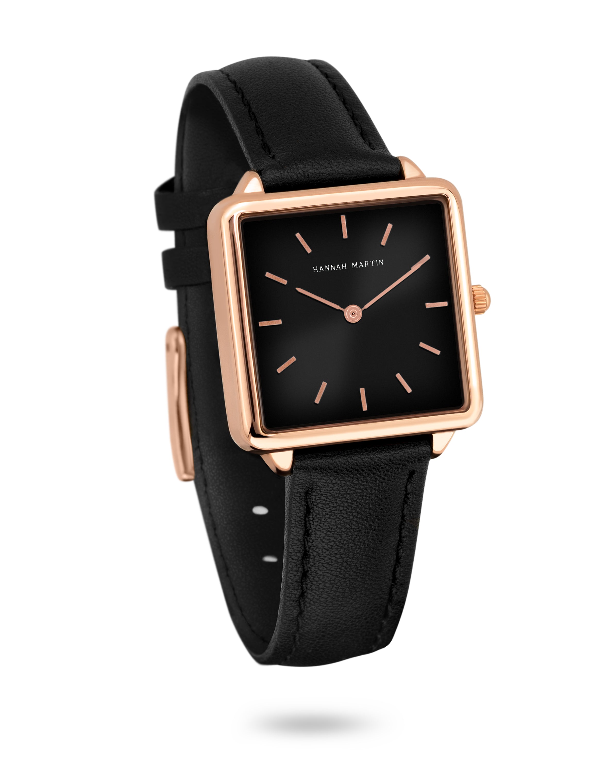 Elegant Noir Square Watch with Rose Gold Finish, Stylish Black Dial, and Luxury Black Leather Strap