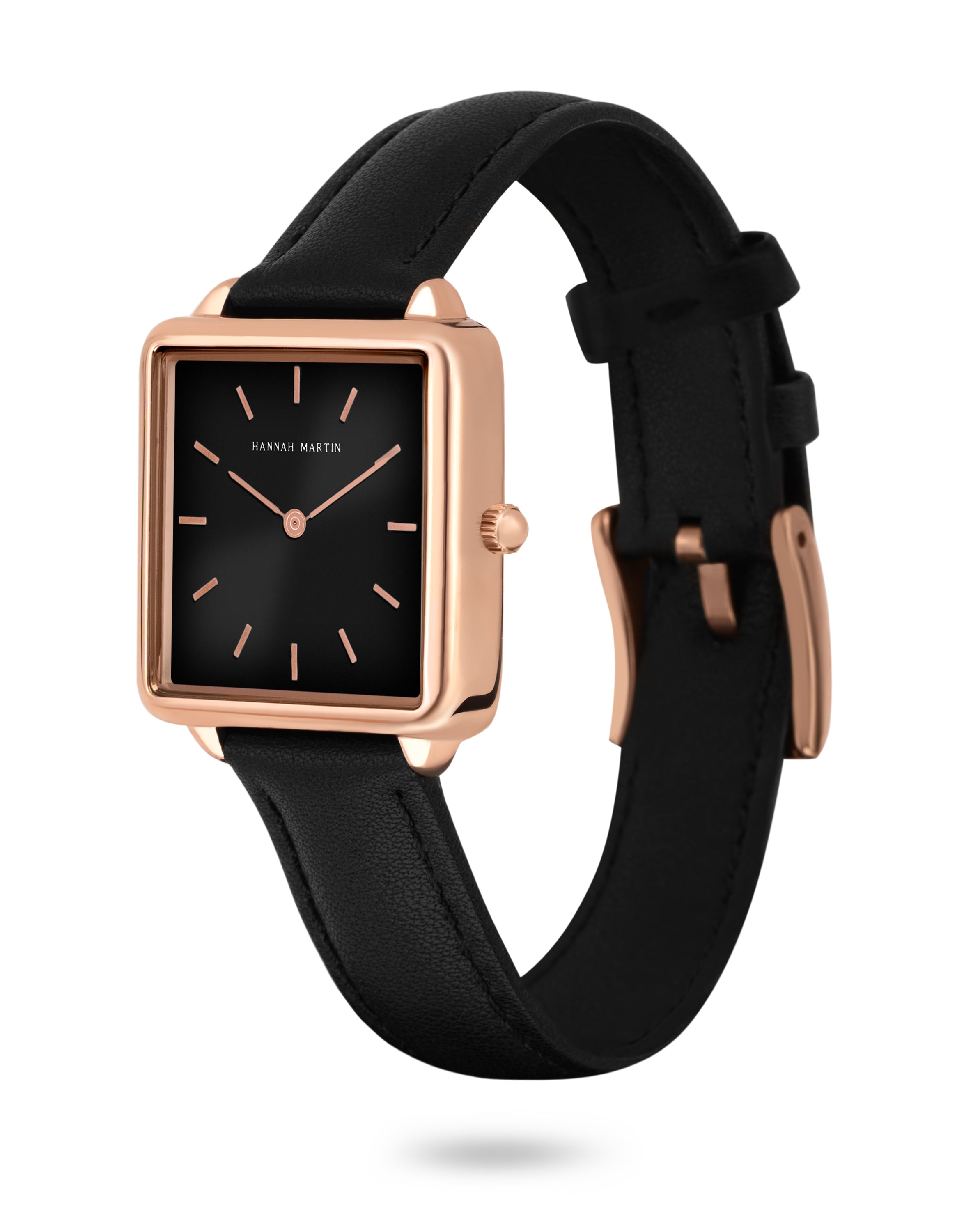 Elegant Noir Square Watch with Rose Gold Finish, Stylish Black Dial, and Luxury Black Leather Strap