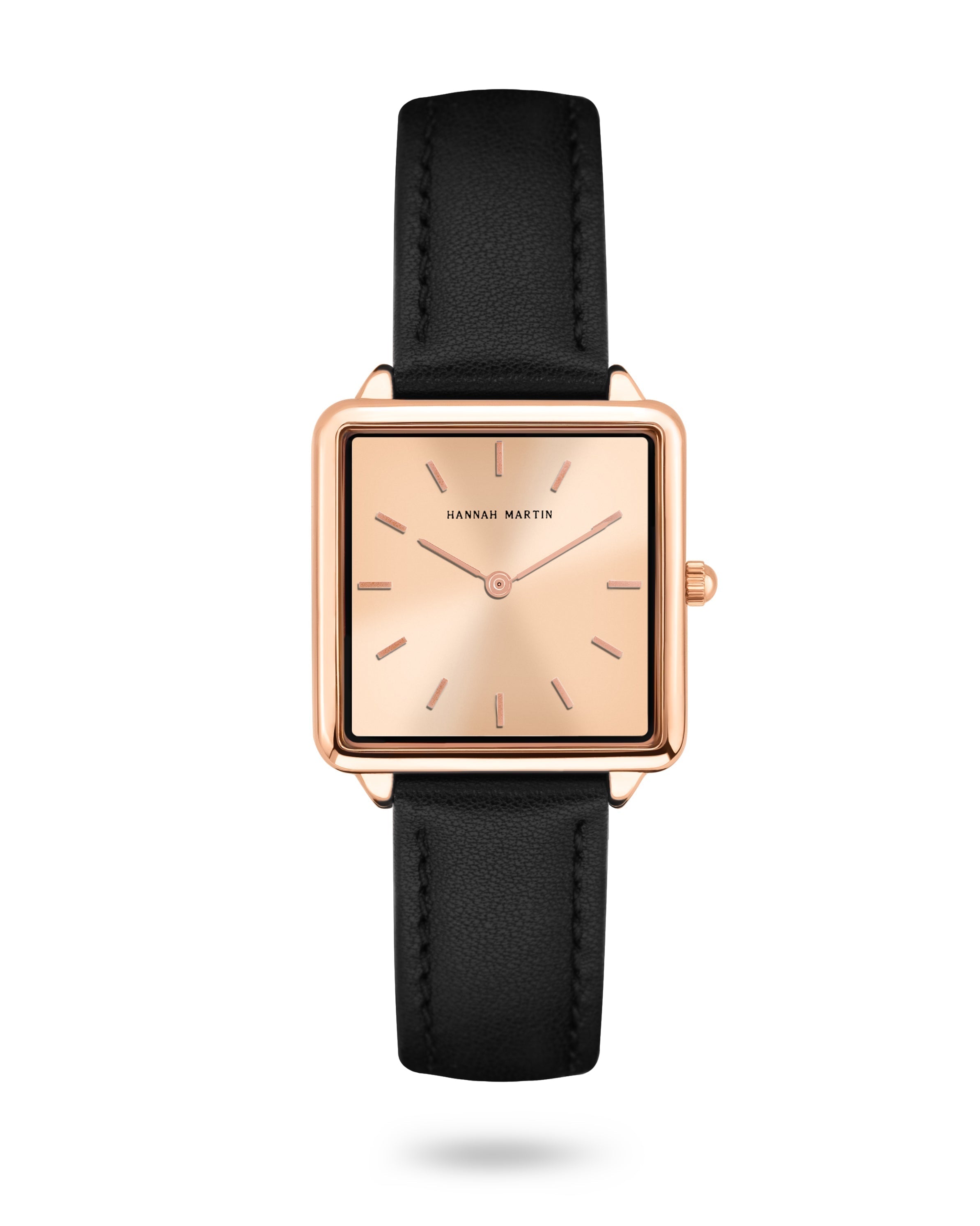 Aurora - Stylish Square Rose Gold Watch with Elegant Champagne-Colored Dial and Luxurious Black Leather Strap