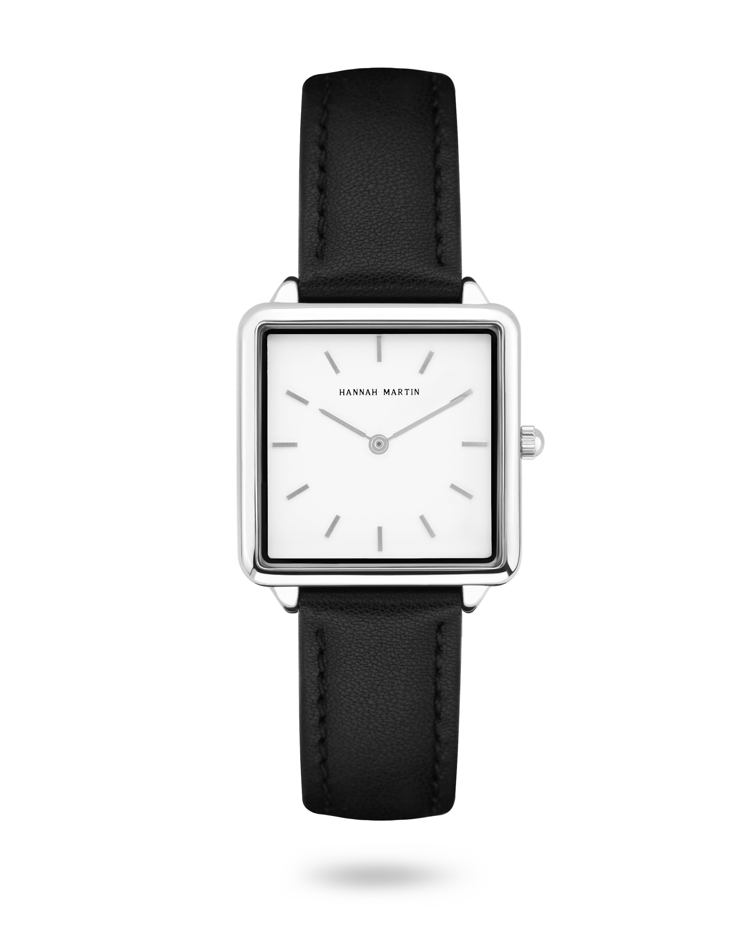 Stylish Celeste Square Watch in Silver with Elegant White Dial and Luxury Black Leather Band
