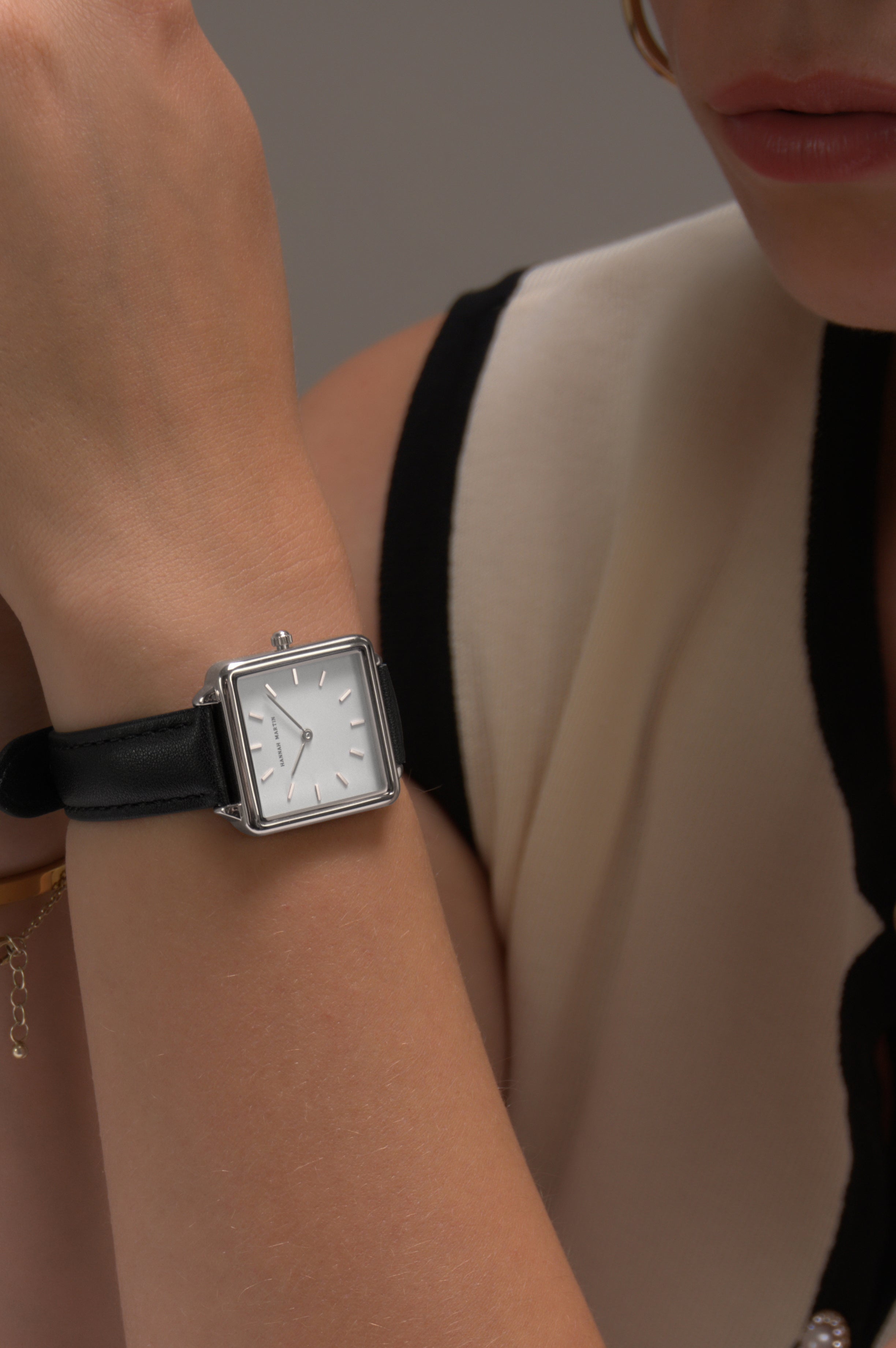 Stylish Celeste Square Watch in Silver with Elegant White Dial and Luxury Black Leather Band