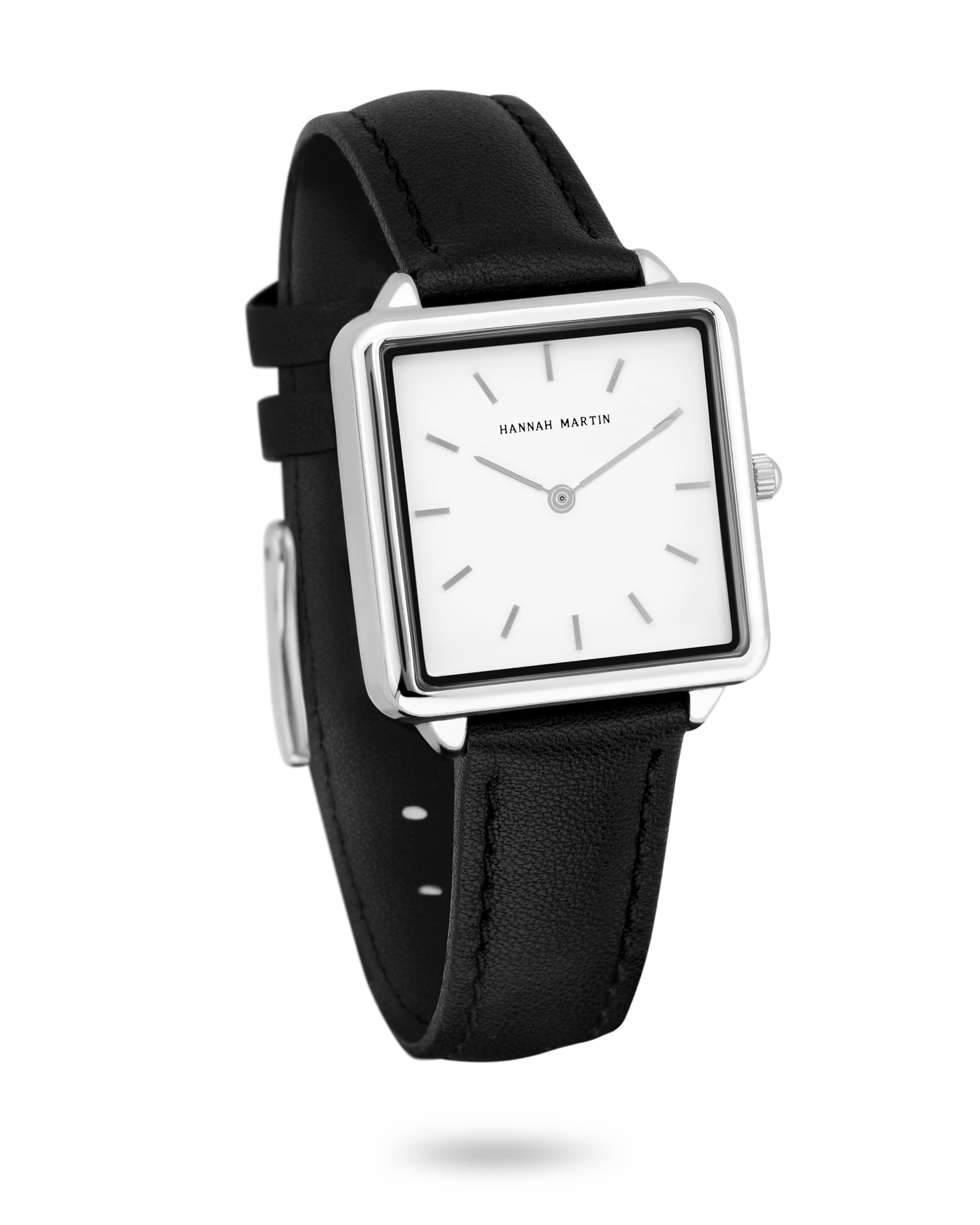 Stylish Celeste Square Watch in Silver with Elegant White Dial and Luxury Black Leather Band