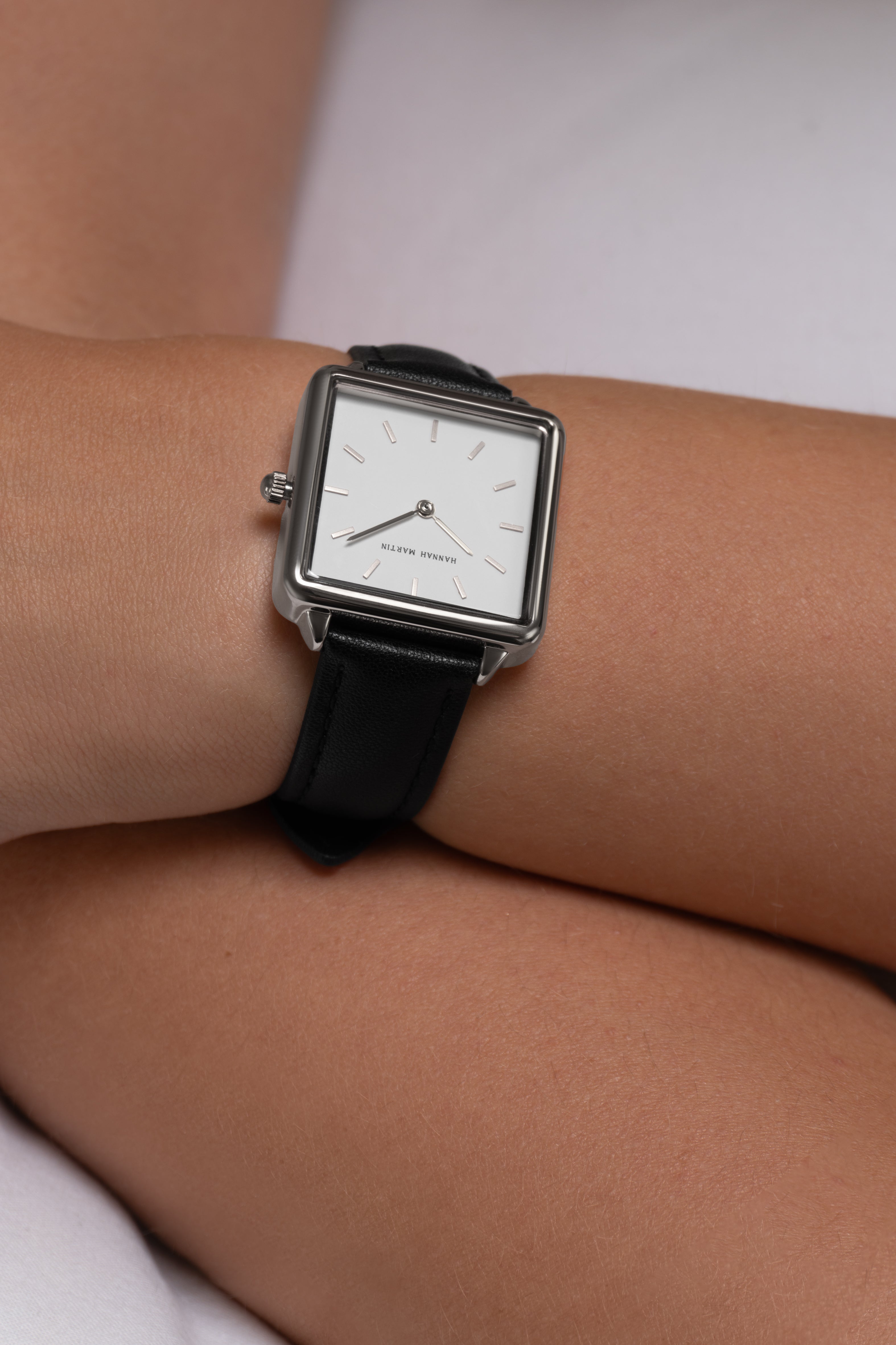 Stylish Celeste Square Watch in Silver with Elegant White Dial and Luxury Black Leather Band