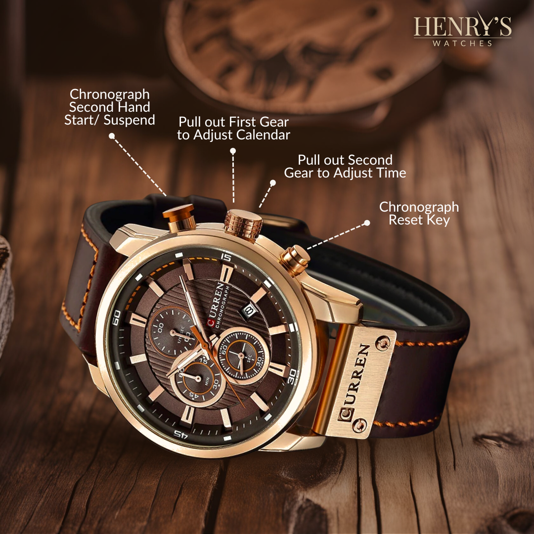 Watch with elegant quartz movement and noble leather strap