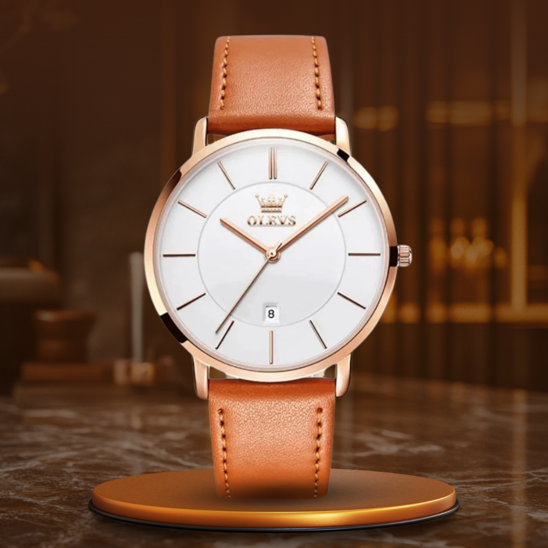 Elegant leather strap date watch