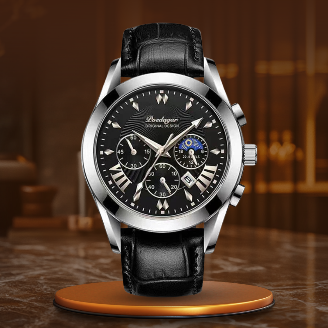 Watch with elegant leather strap and luxurious design