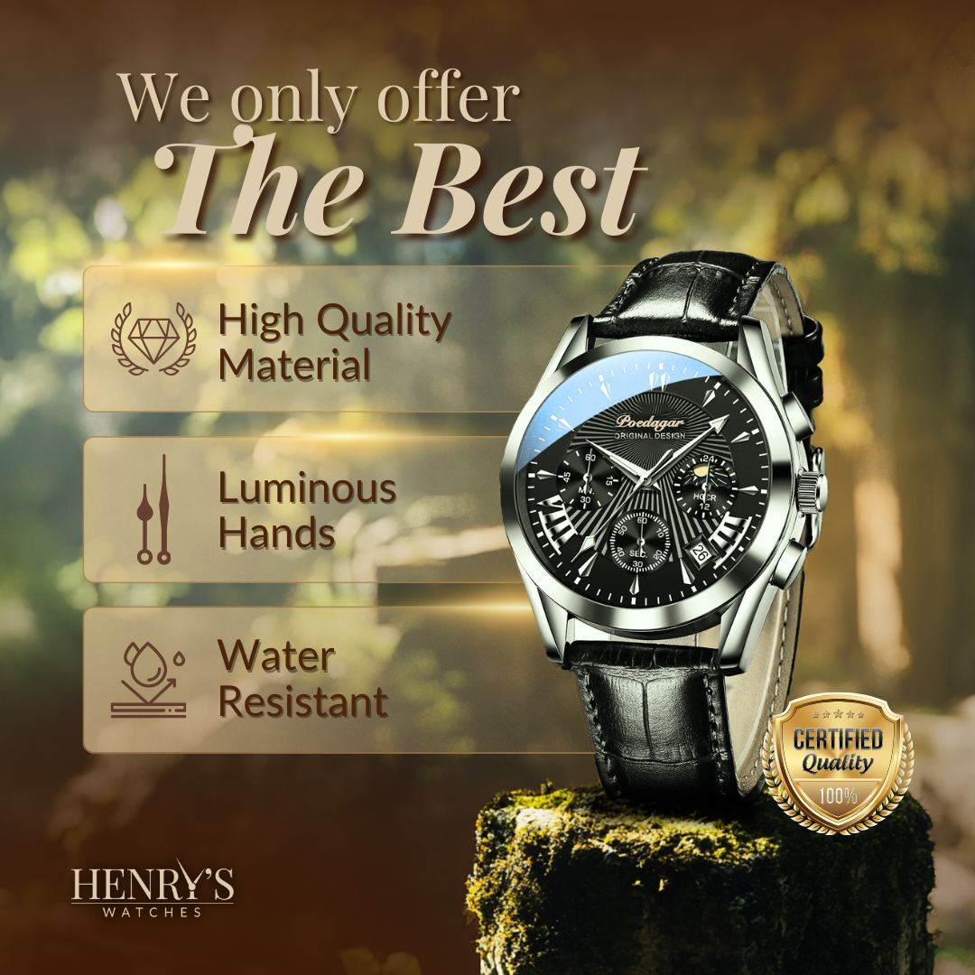 Watch with elegant leather strap and luxurious design