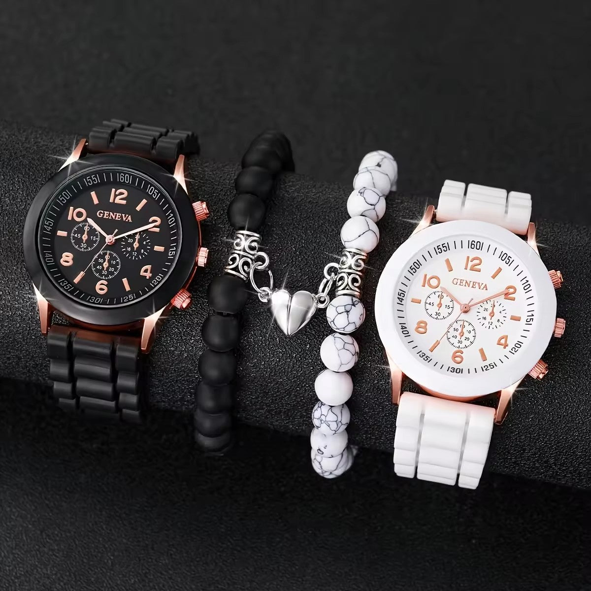 Quartz watch set with a classic silicone strap and matching bracelet