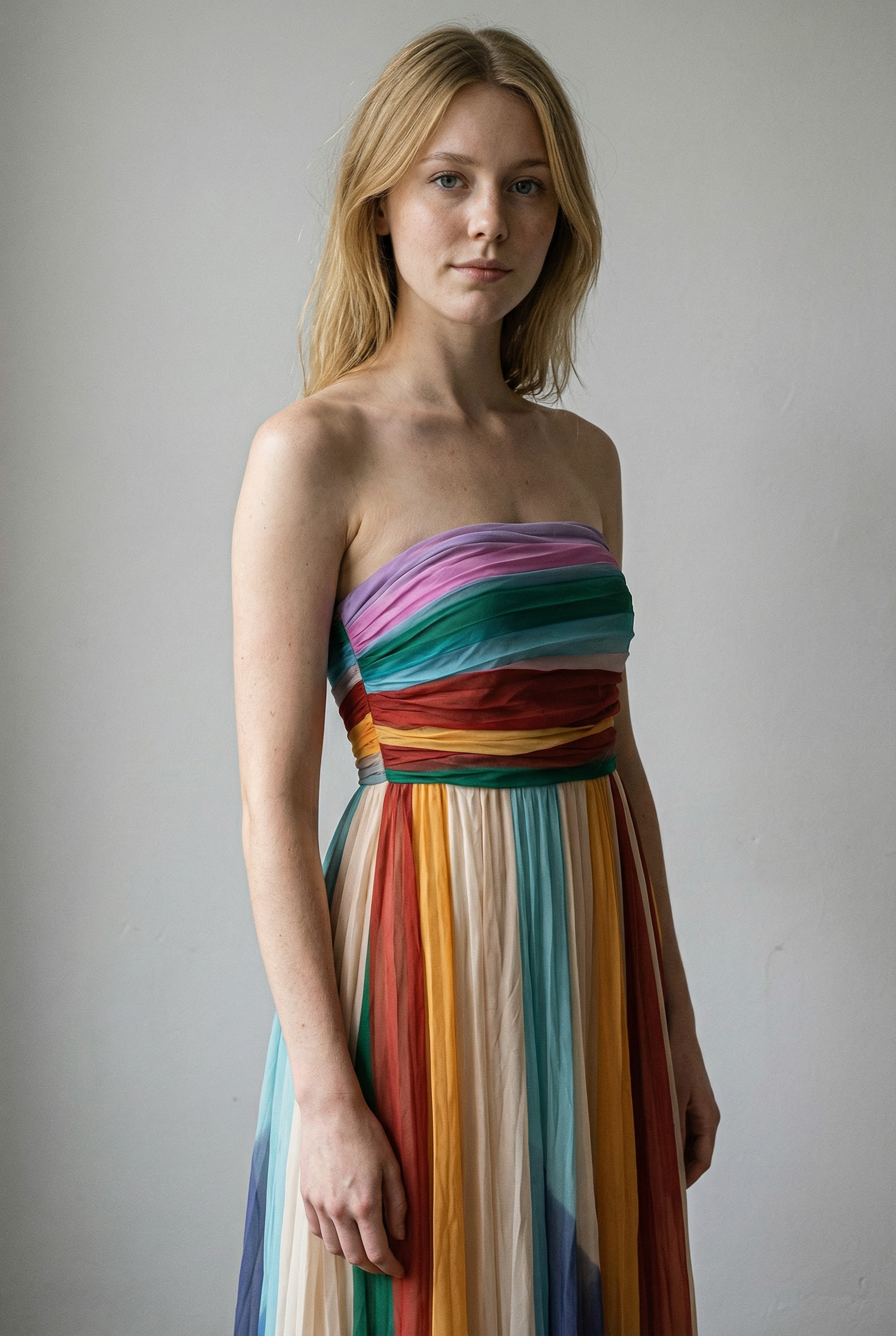 Elegant striped pleated long dress with off-the-shoulder design for a sophisticated look