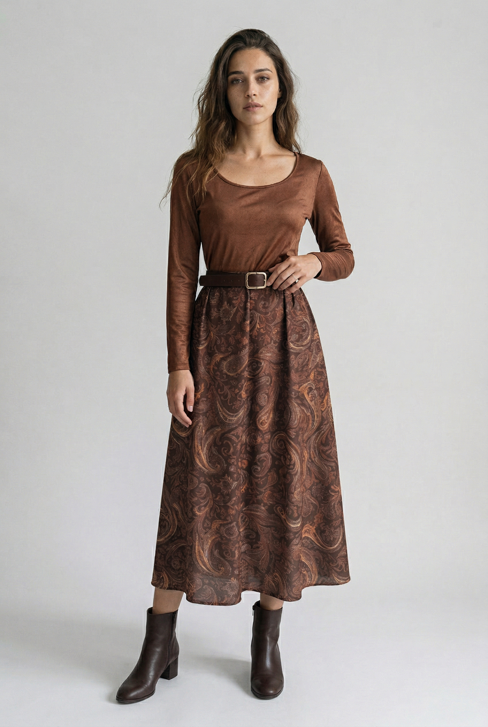 Vintage Stretch Velvet Top & Paisley Print Maxi Skirt Set — Belt Included