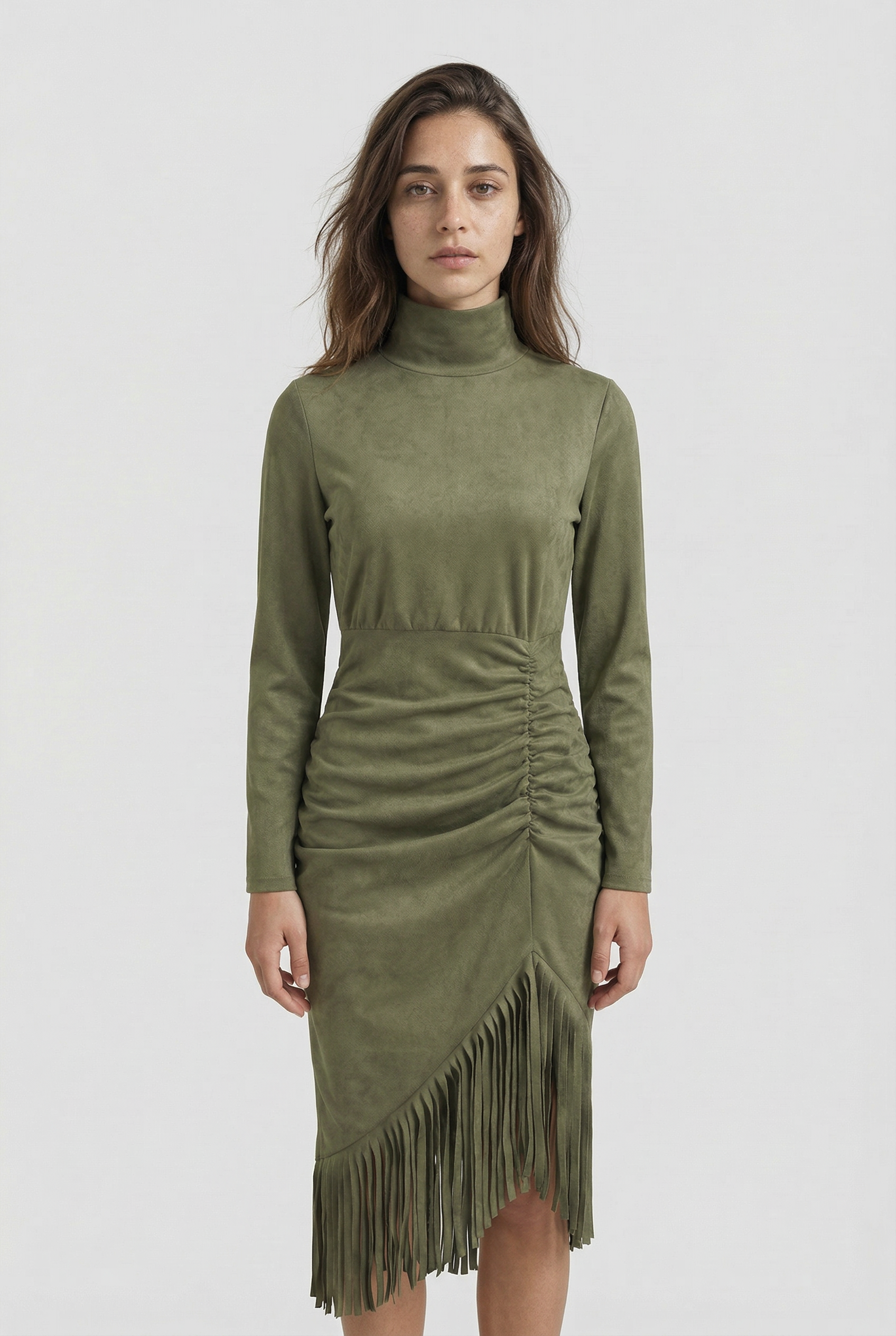 Olive Green Stretch Turtleneck Top & Faux Suede Maxi Skirt Set (Includes Belt)