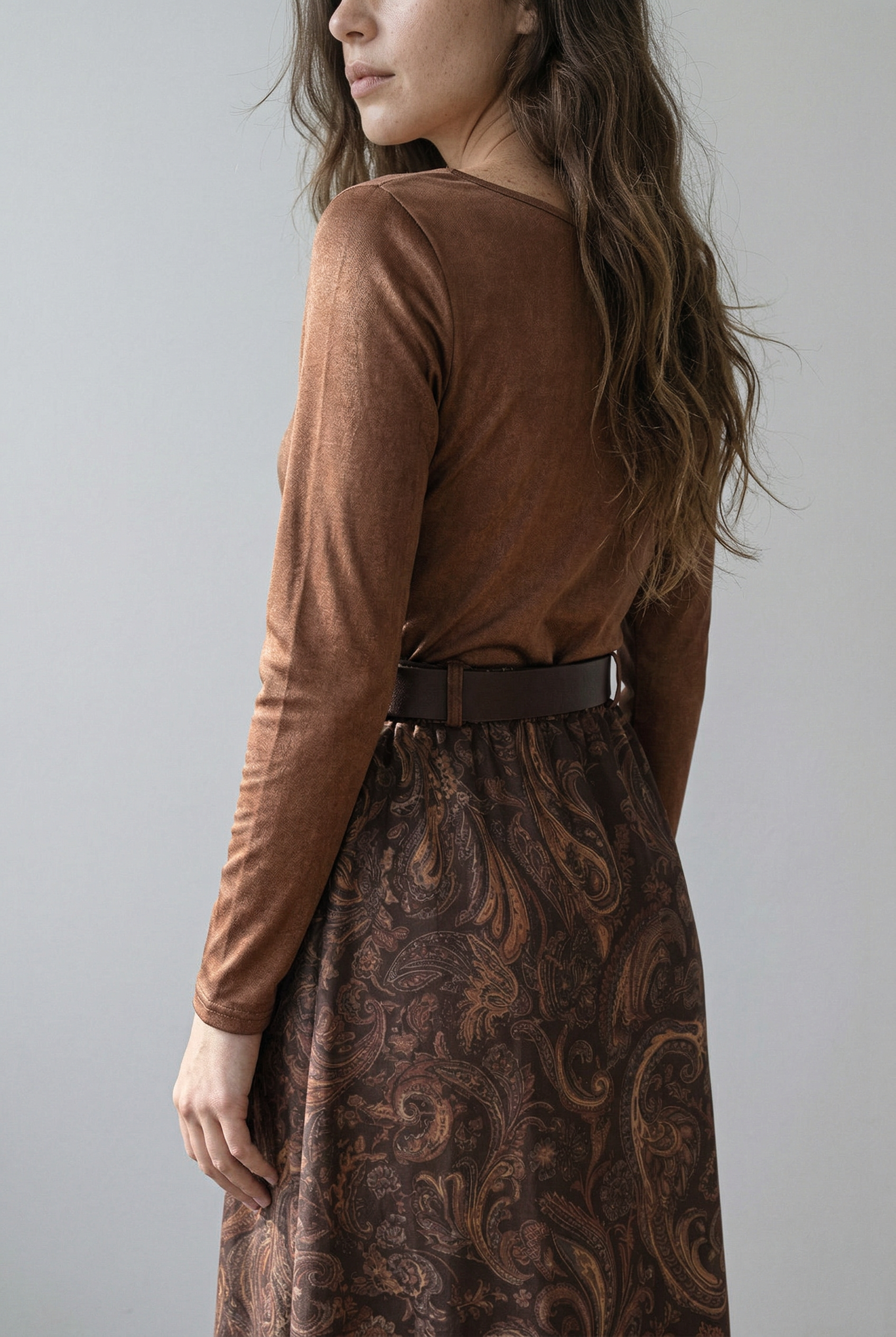 Vintage Stretch Velvet Top & Paisley Print Maxi Skirt Set — Belt Included