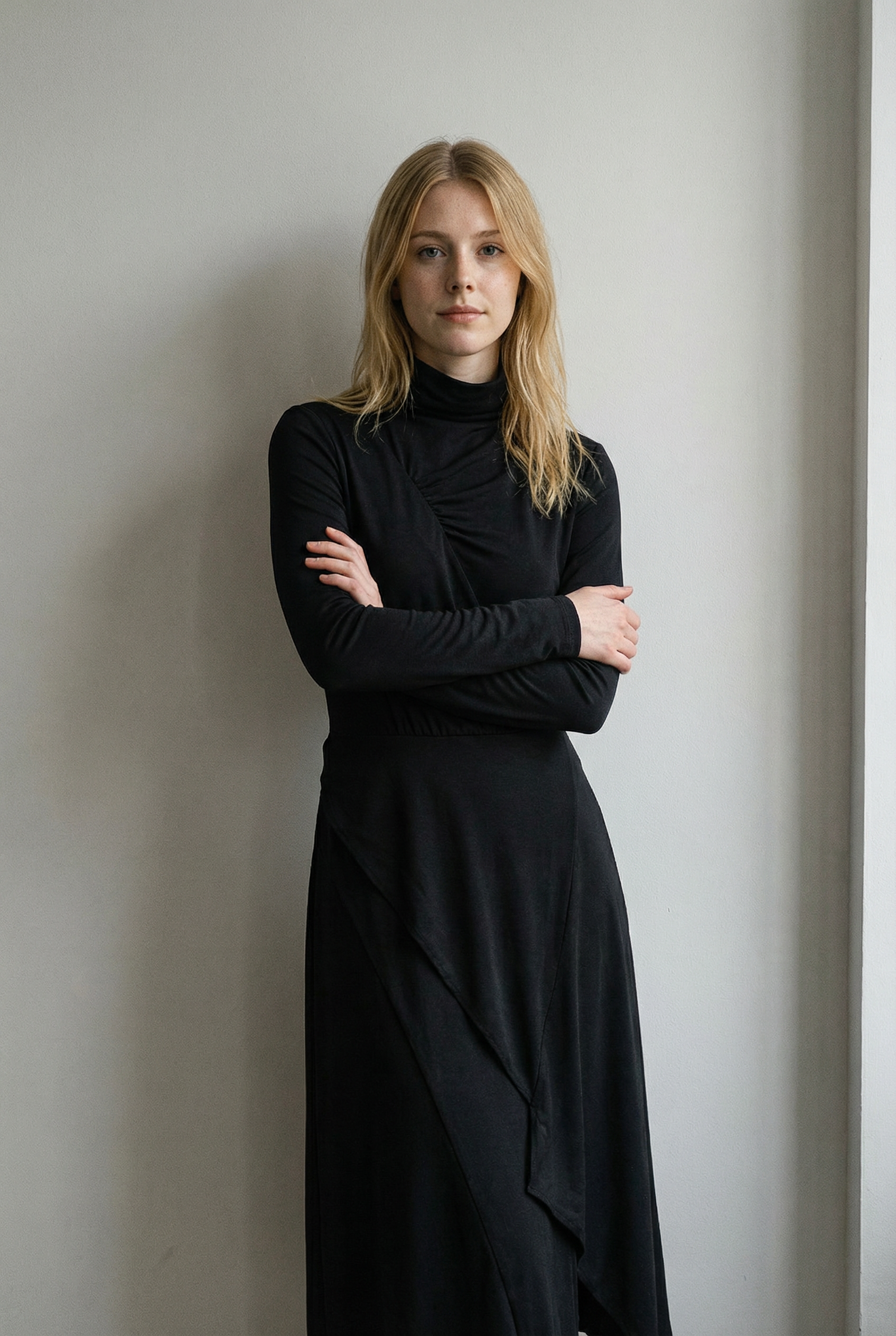 Pink Maxi Asymmetric Dress with High Collar and Pleats