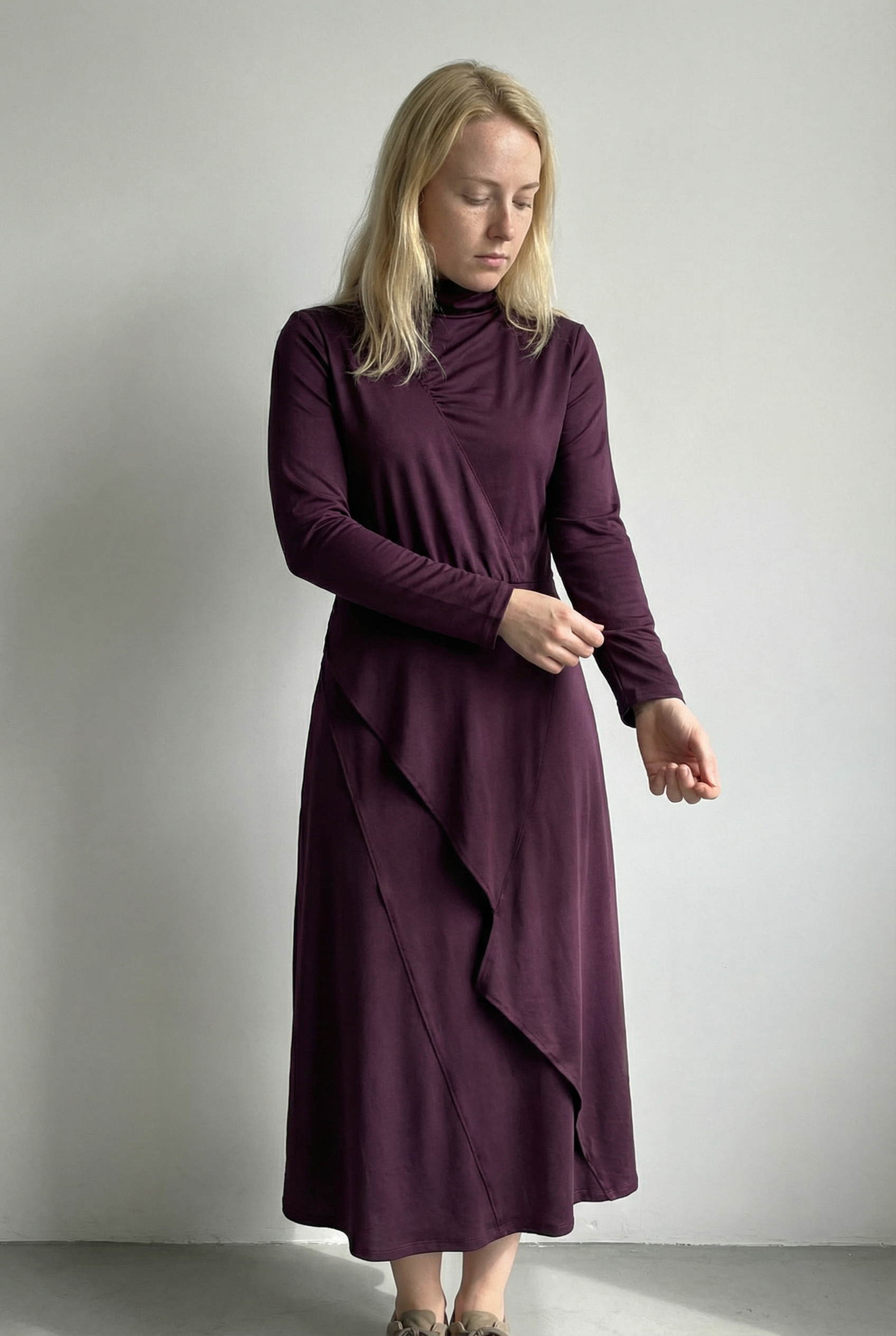 Pink Maxi Asymmetric Dress with High Collar and Pleats