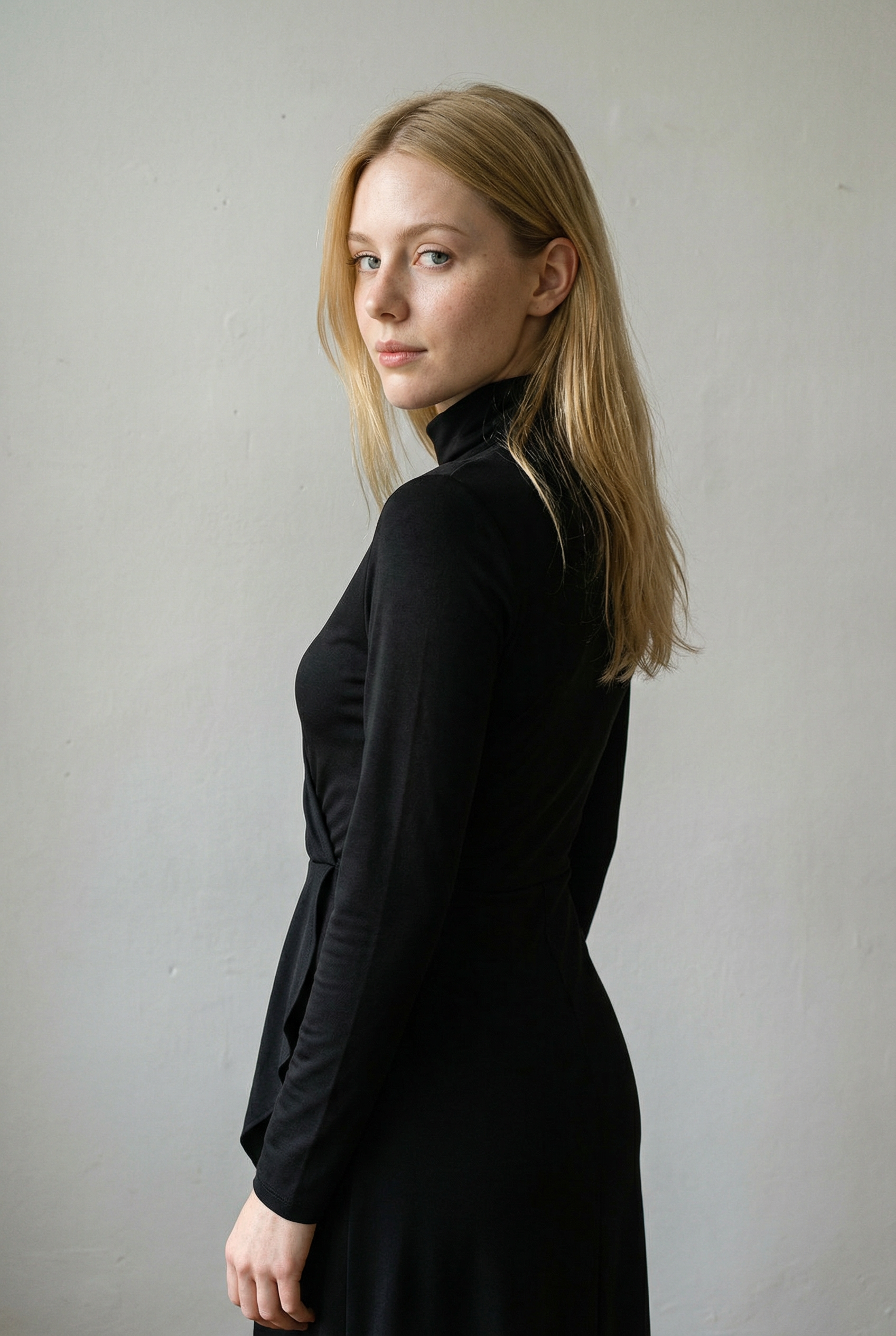 Pink Maxi Asymmetric Dress with High Collar and Pleats