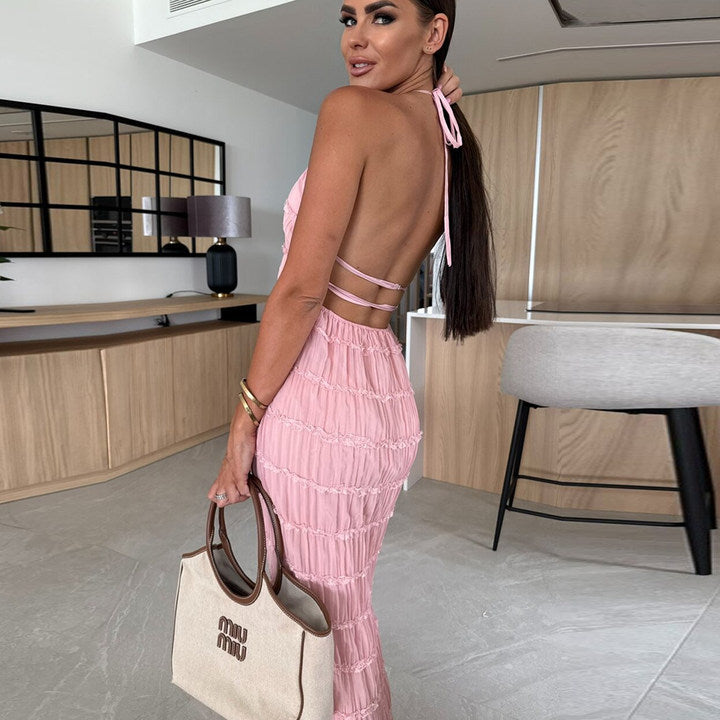 Textured Halter-Neck Maxi Dress