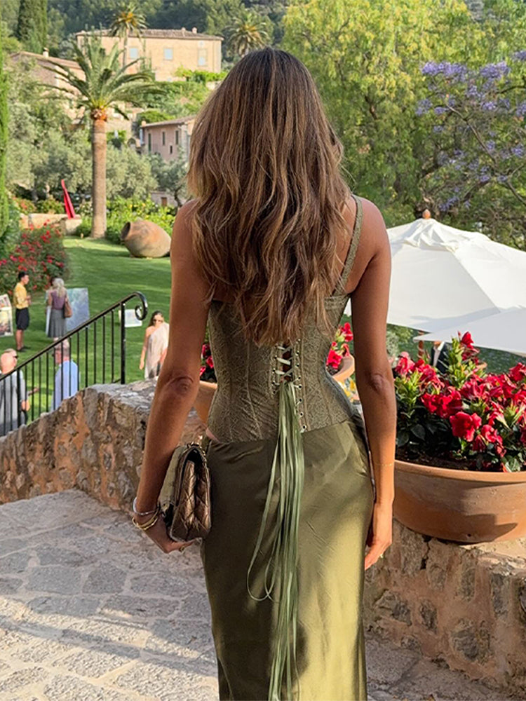 Corset Set with Satin Skirt in Moss Green