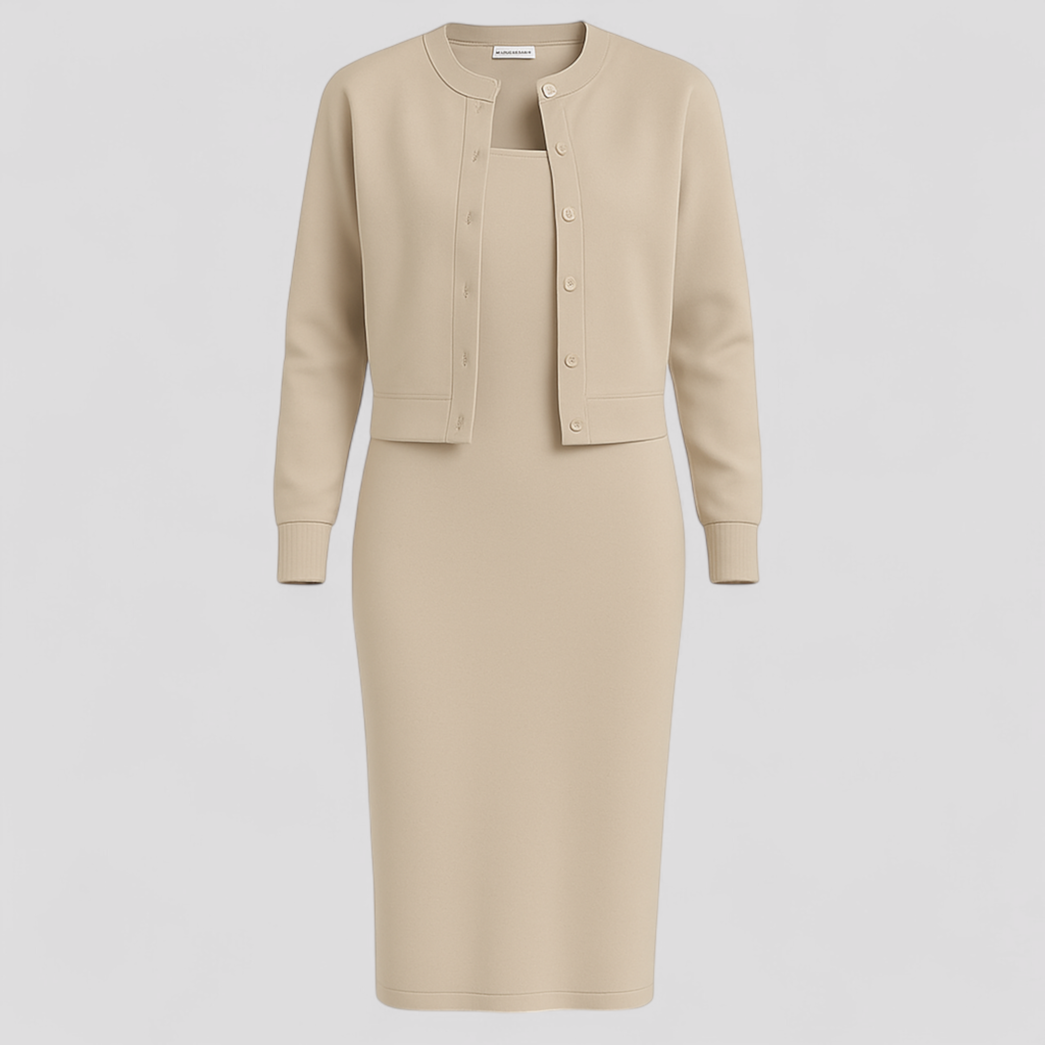 Acadia | Kvinders Elegant Midi Kjole med Cardigan - Beige - Midi Kjoler - {{ product_tags }