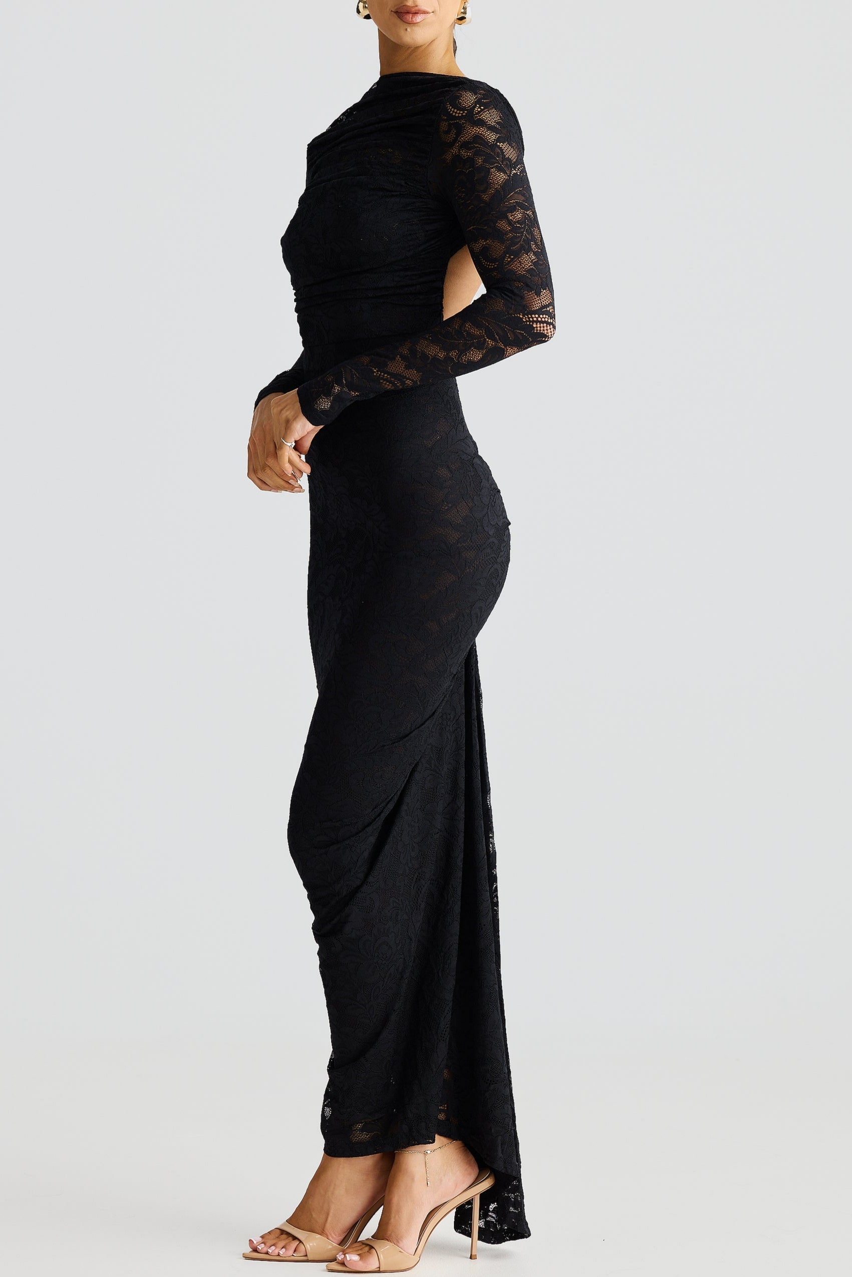 Elegant Hollowed Lace Long Sleeve Backless Maxi Dress - Perfect for Special Occasions
