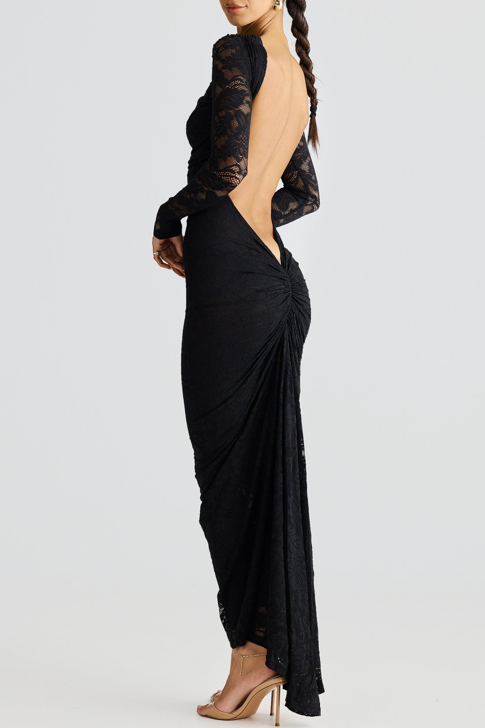 Elegant Hollowed Lace Long Sleeve Backless Maxi Dress - Perfect for Special Occasions