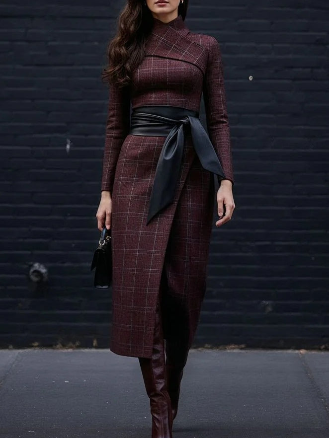 Asymmetric Dress with Sweetheart Neckline, Plaid Belt, Elegant