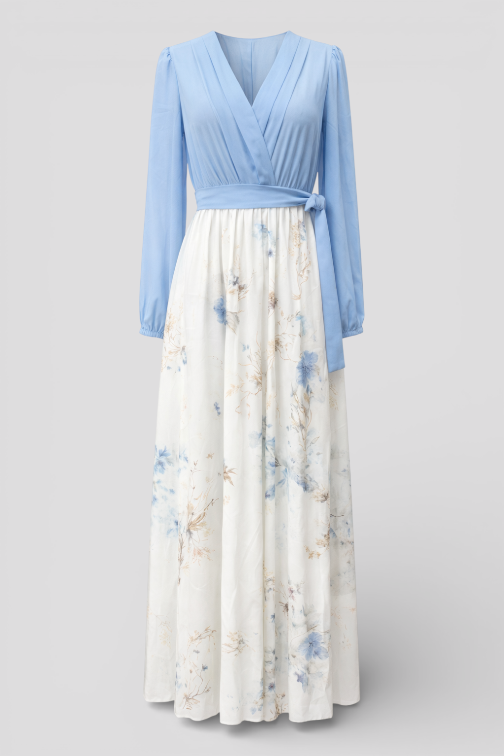 Elegant long floral dress with a V-neckline for a sophisticated style