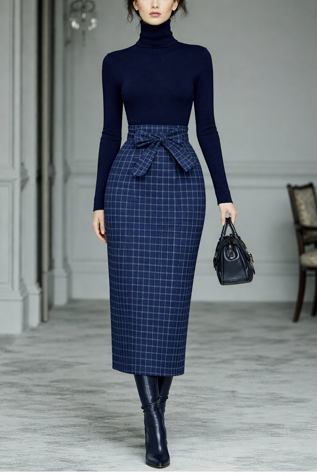 Navy stretch-knit turtleneck top with a matching plaid skirt set