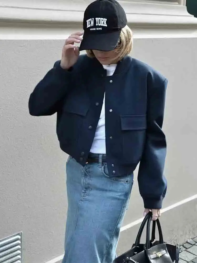 Women's Stylish Lightweight Bomber Jacket with Button Closure, Long Sleeves, Ribbed Cuffs & Hem, and Convenient Pocket Details