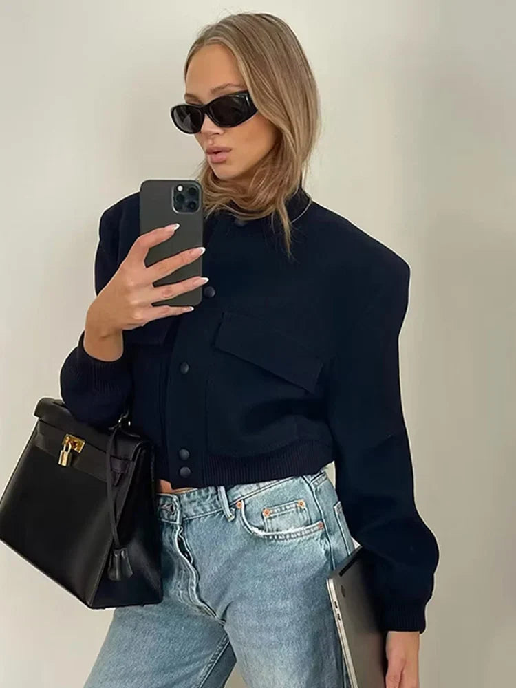 Women's Stylish Lightweight Bomber Jacket with Button Closure, Long Sleeves, Ribbed Cuffs & Hem, and Convenient Pocket Details